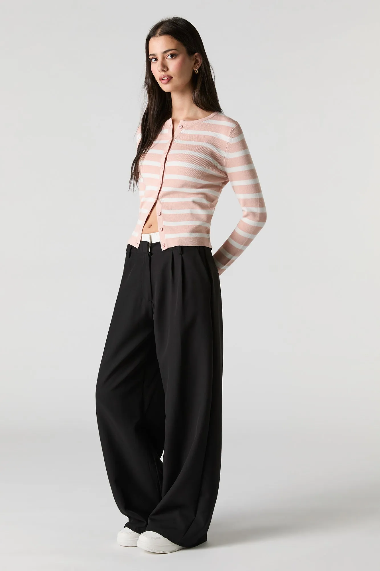 Striped Ribbed Knit Button-Up Cardigan Sweater sold by Charlotte Russe product image thumbnail 3