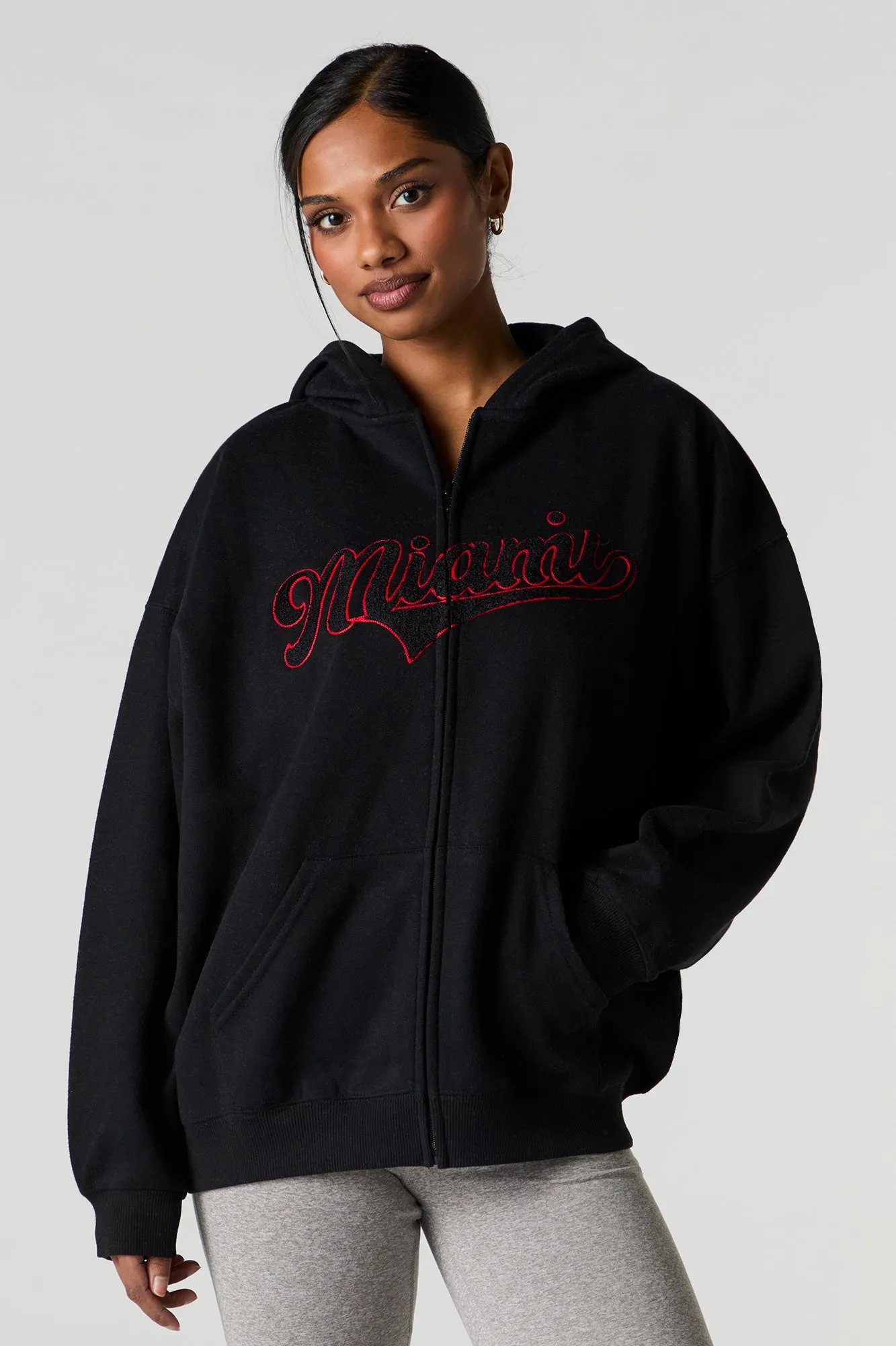 Oversized Embroidered Fleece Zip-Up Hoodie sold by Charlotte Russe product image thumbnail 4