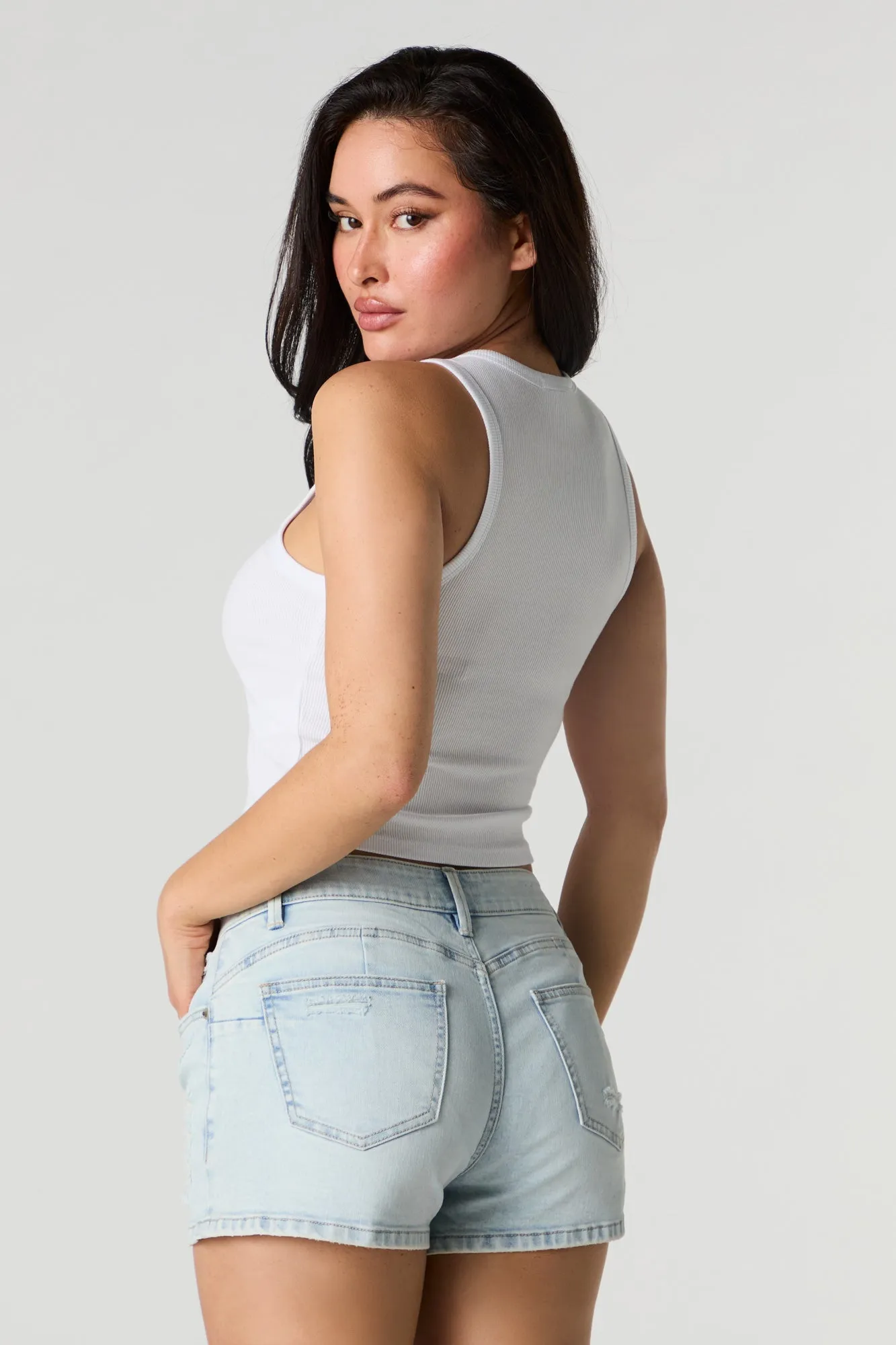 Light Wash Distressed Mid Rise Push Up Denim Short sold by Charlotte Russe product image thumbnail 2