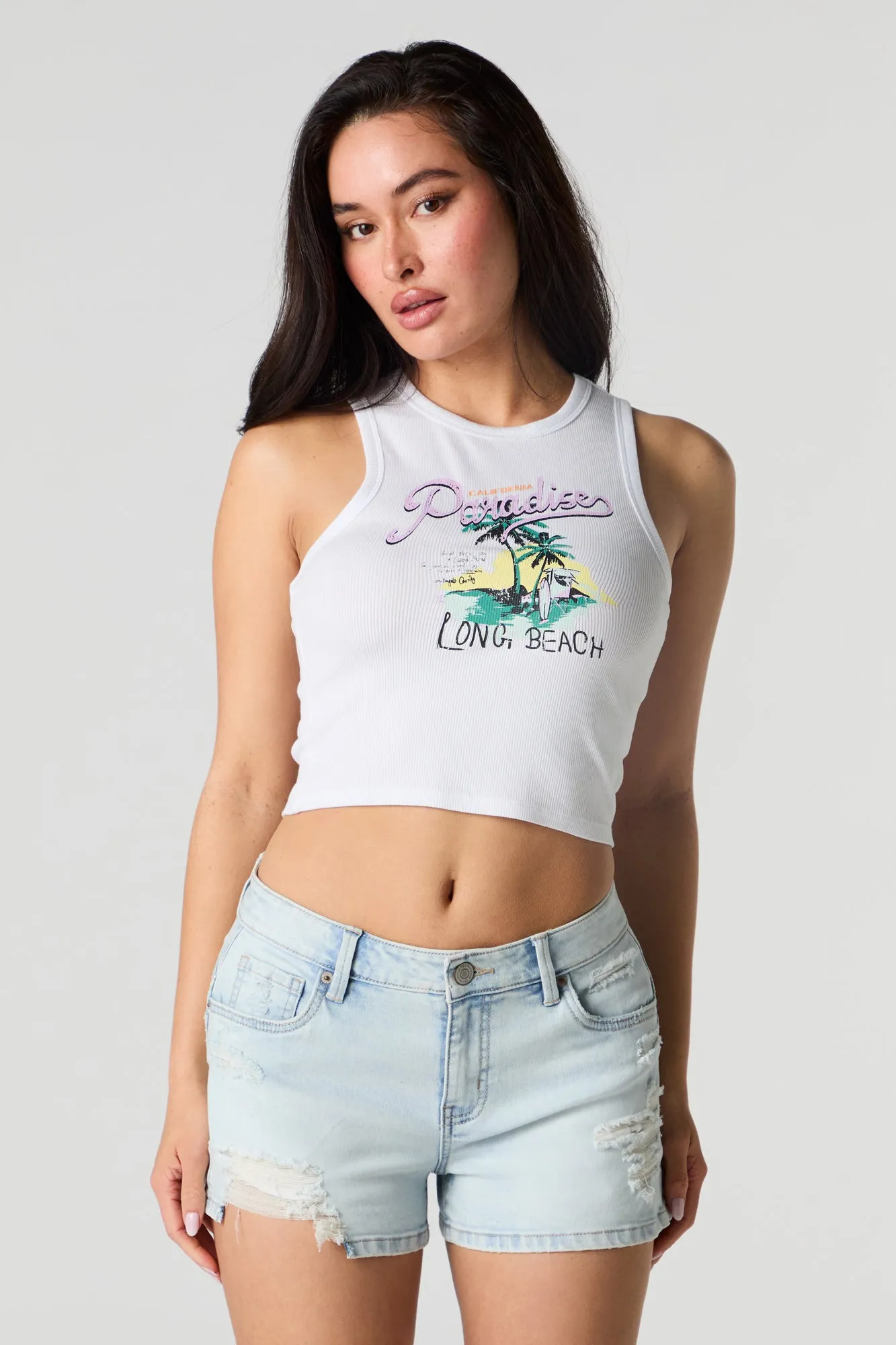 Light Wash Distressed Mid Rise Push Up Denim Short sold by Charlotte Russe