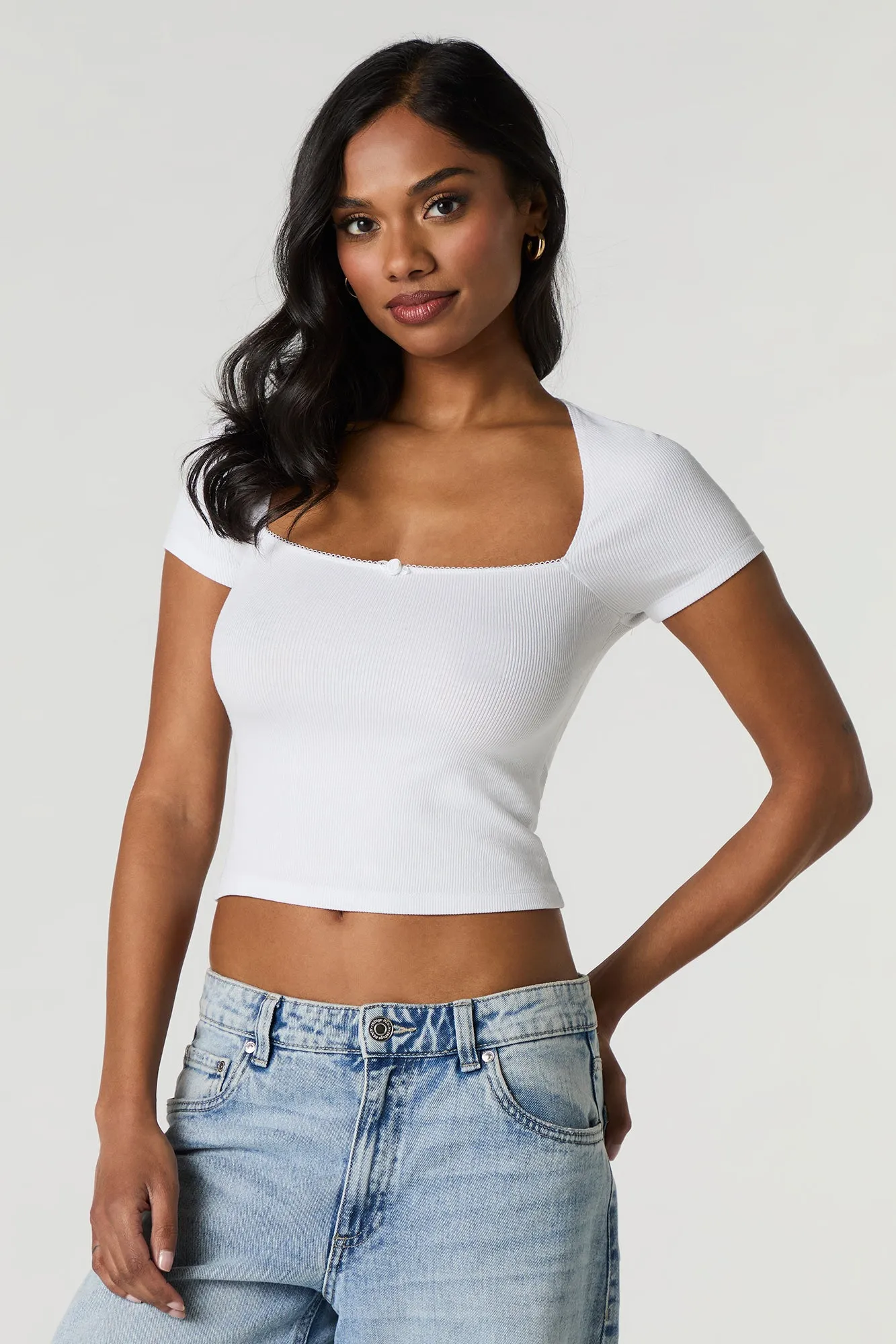 Ribbed Square Neck Rosette Cropped T-Shirt sold by Charlotte Russe product image thumbnail 4
