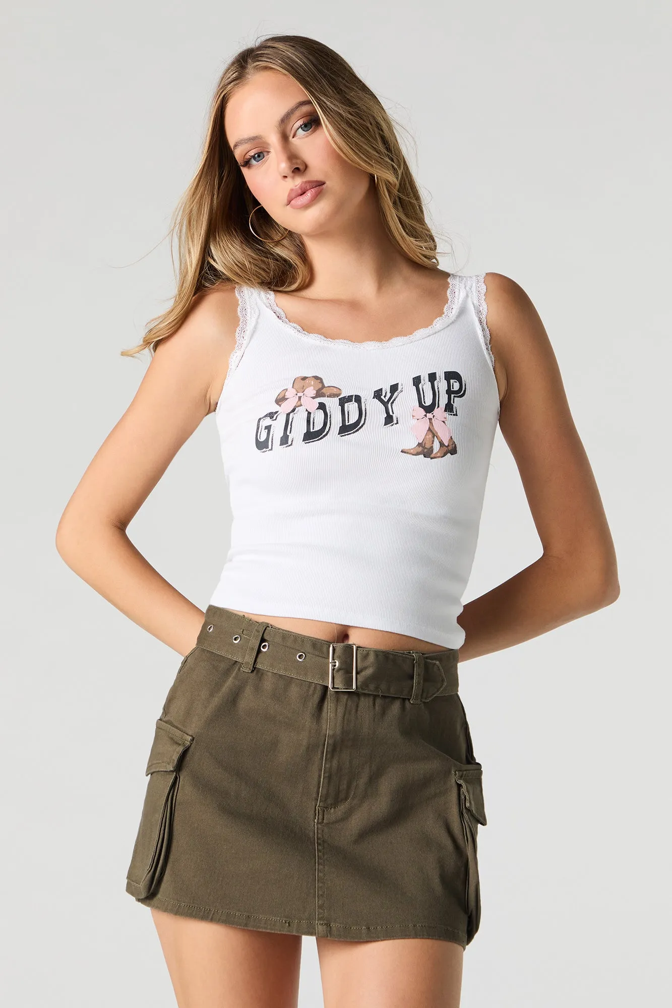 Western Graphic Ribbed Lace Trim Tank sold by Charlotte Russe