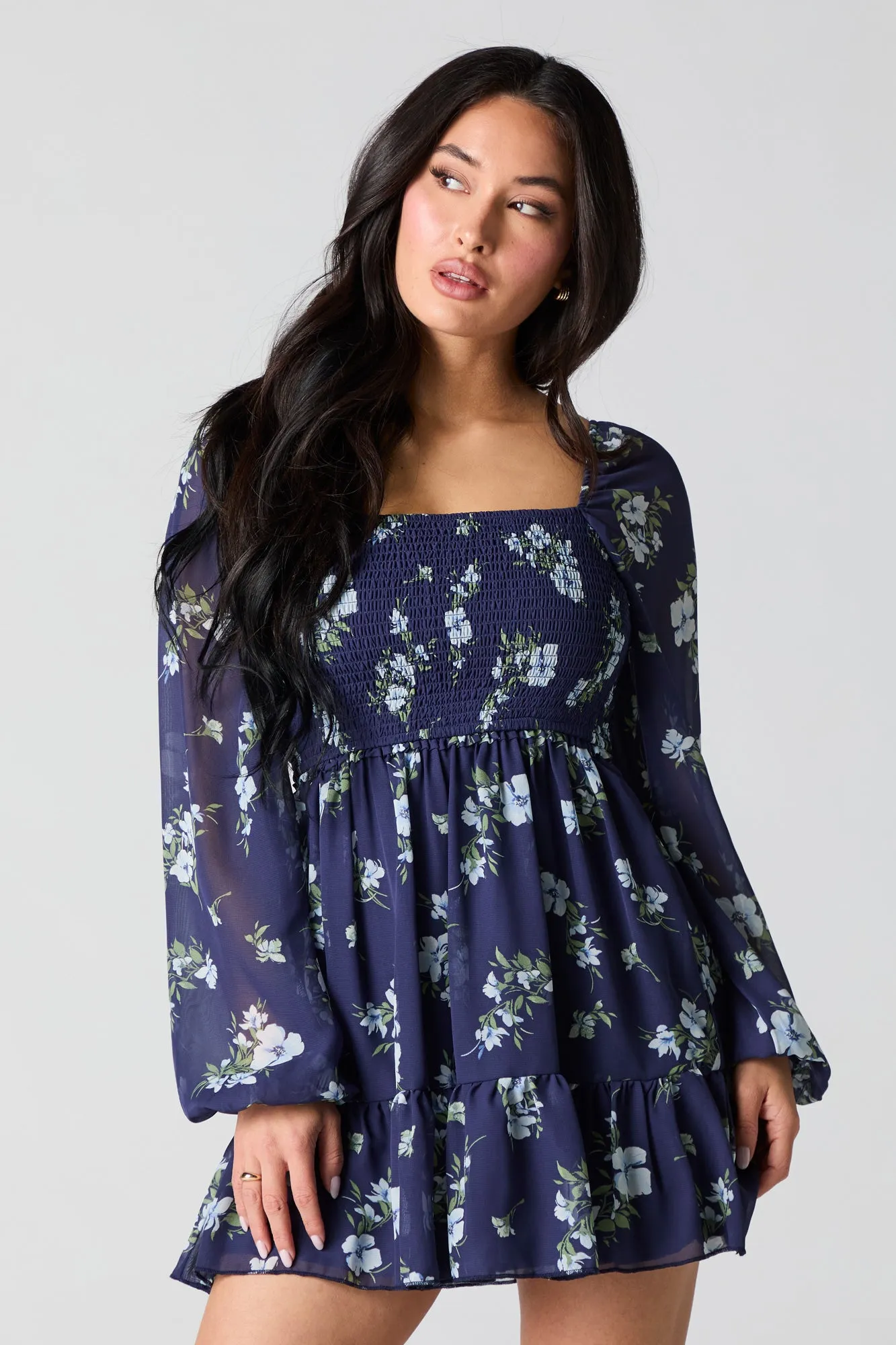 Smocked Tiered Long Sleeve Mini Dress sold by Charlotte Russe