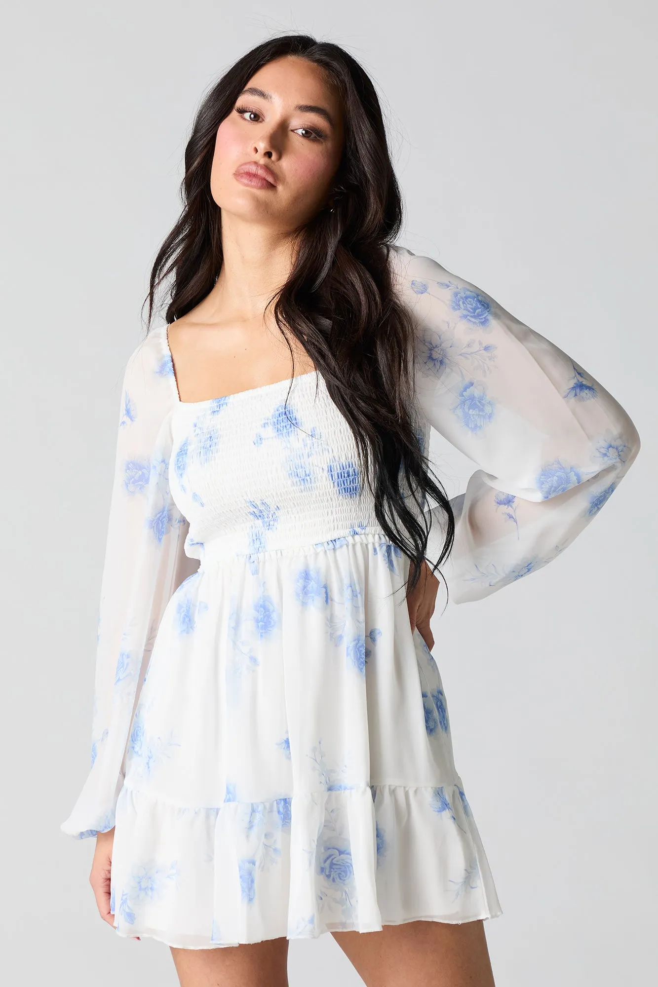 Smocked Tiered Long Sleeve Mini Dress sold by Charlotte Russe product image thumbnail 4