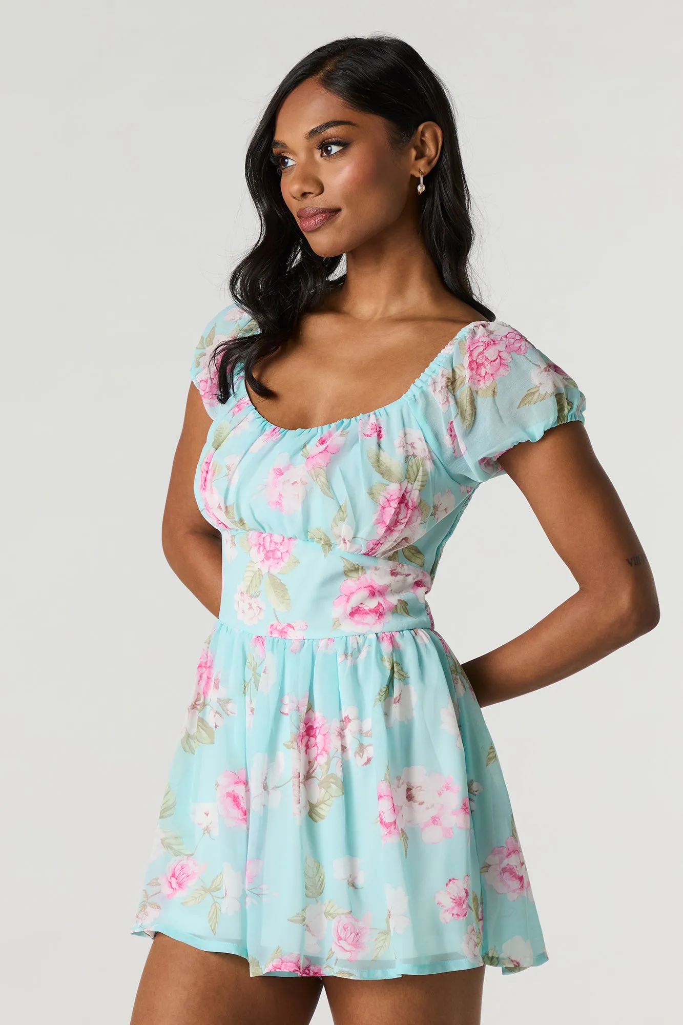 Floral Chiffon Milkmaid Romper sold by Charlotte Russe