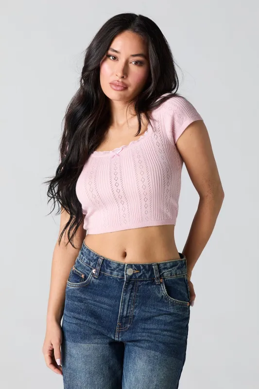 Pointelle Knit Lace Trim Cropped T-Shirt sold by Charlotte Russe