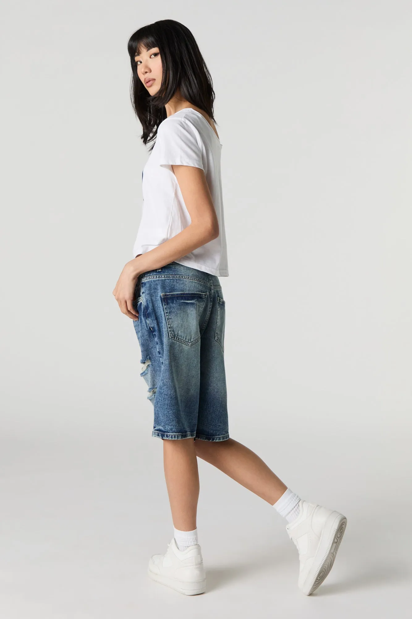 Dark Wash Distressed Denim Jort sold by Charlotte Russe product image thumbnail 3