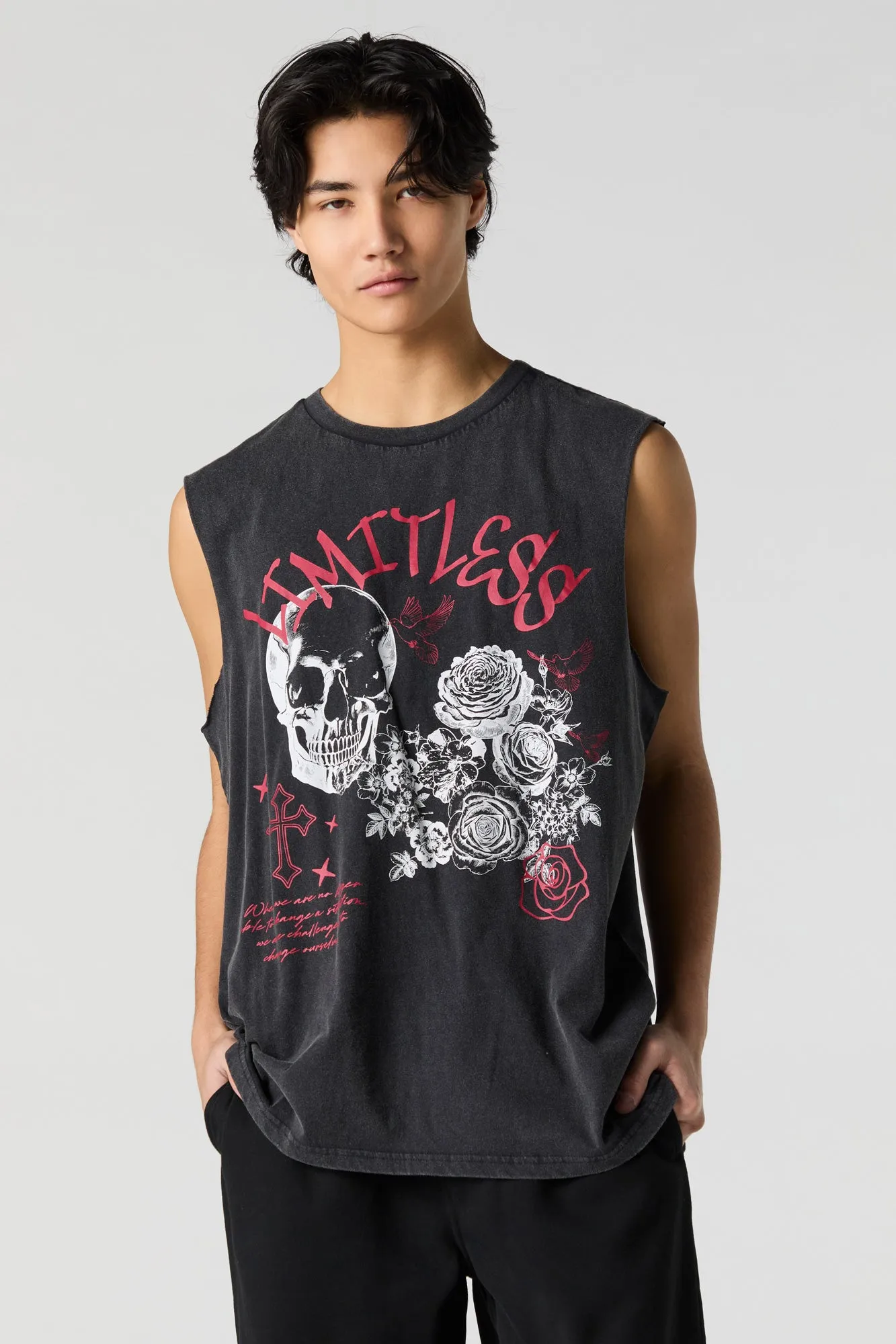 Limitless Graphic Washed Muscle Tank sold by Charlotte Russe