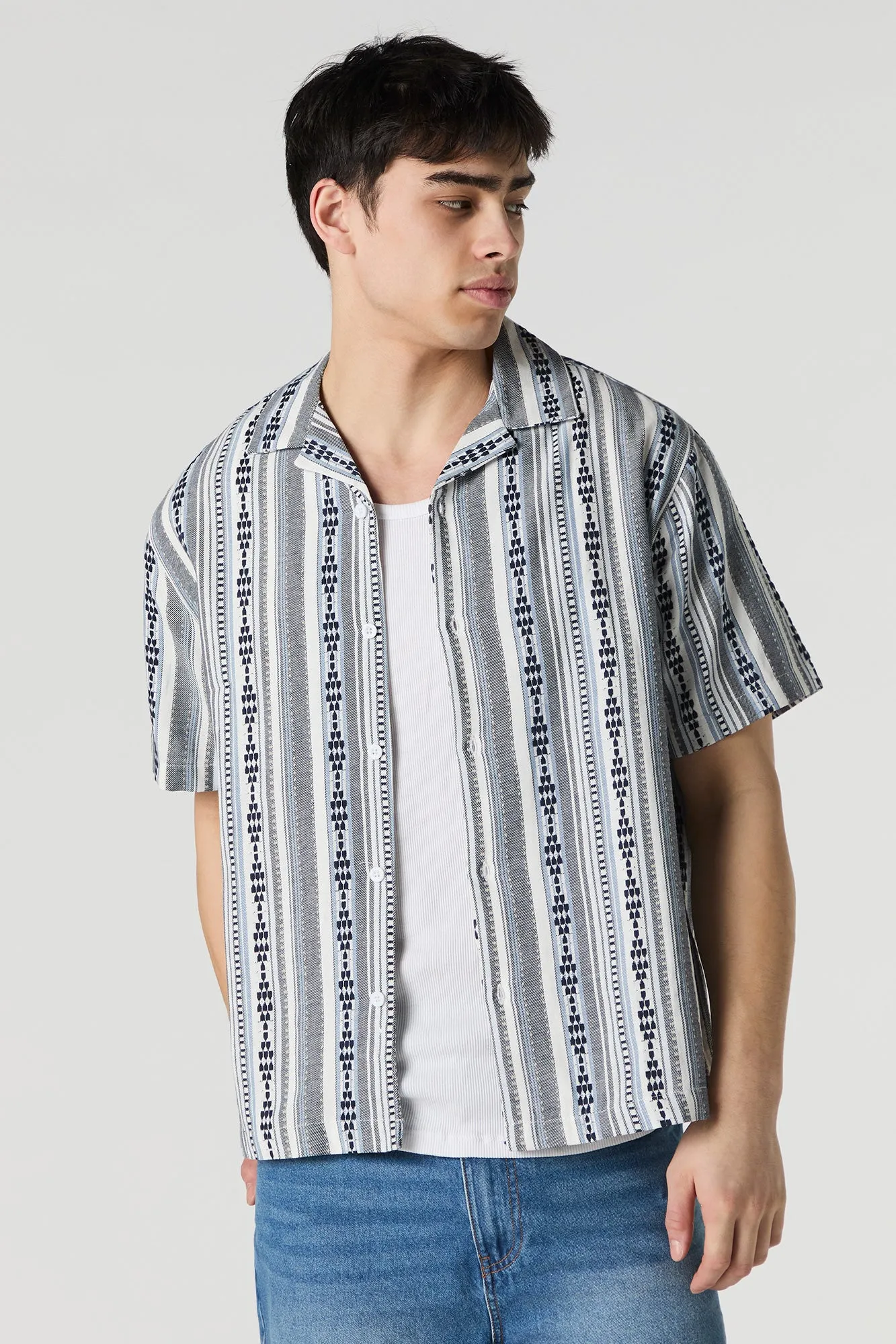 Coastal Striped Button-Up Short Sleeve Top sold by Charlotte Russe