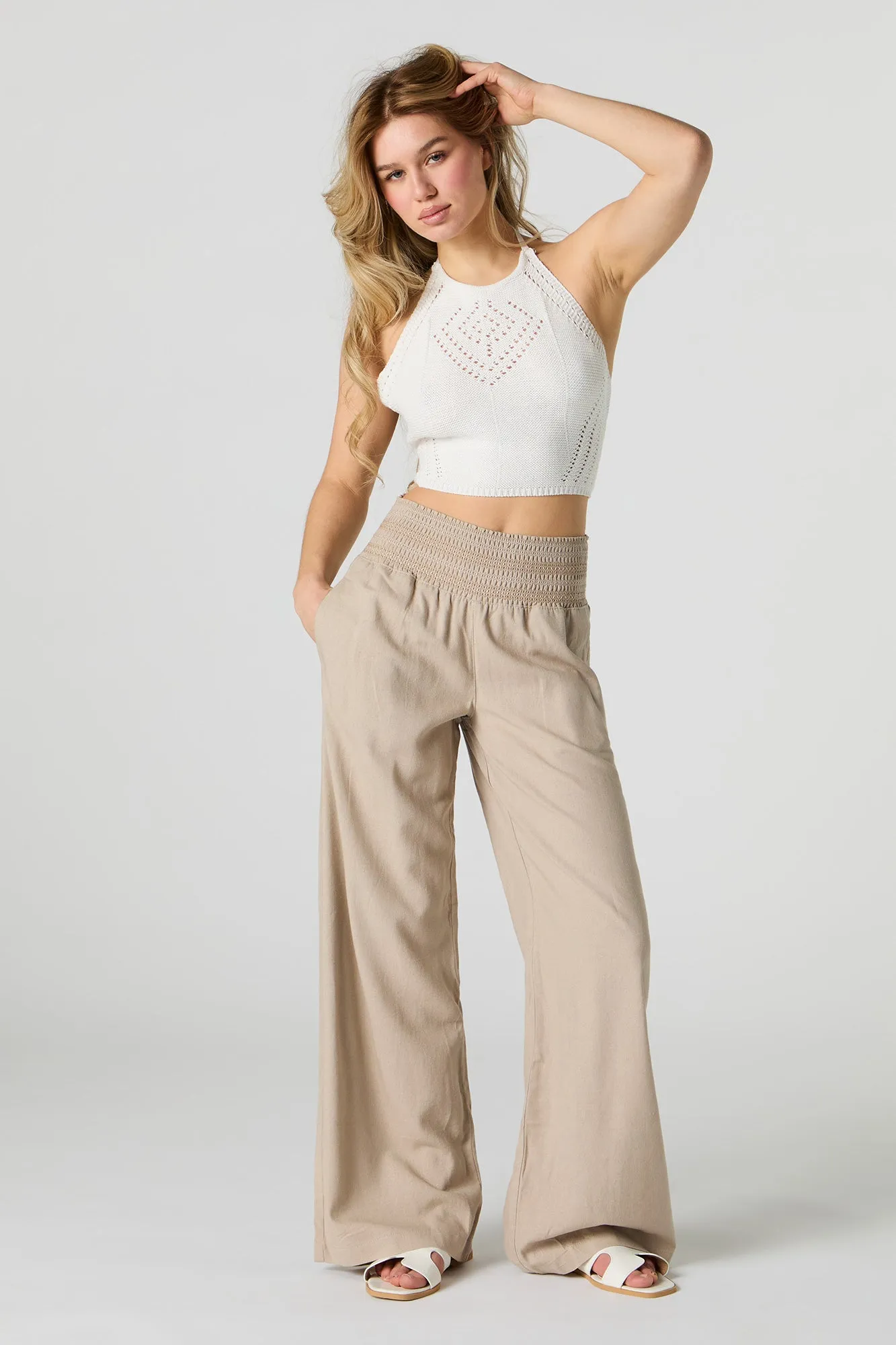 Linen Smocked Waist Palazzo Pant sold by Charlotte Russe