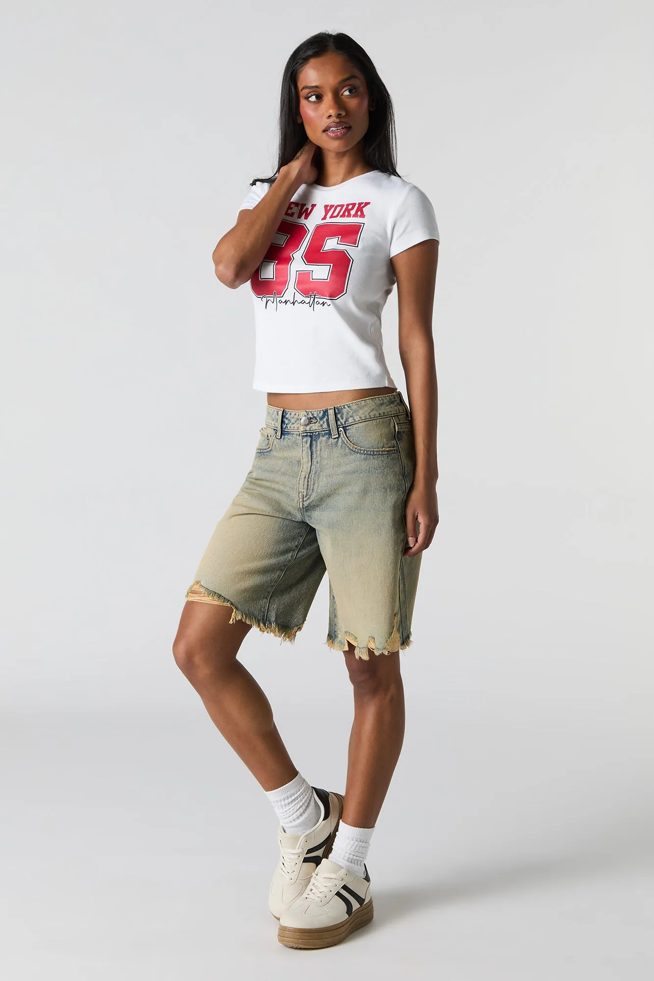 Enzyme Wash Distressed Slouchy Jort sold by Charlotte Russe