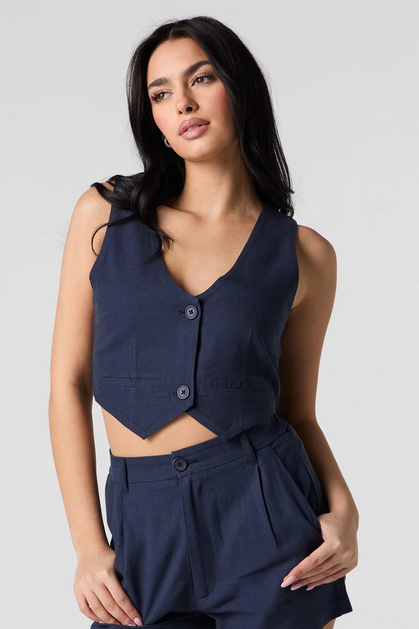Linen-Blend Cropped Vest sold by Charlotte Russe