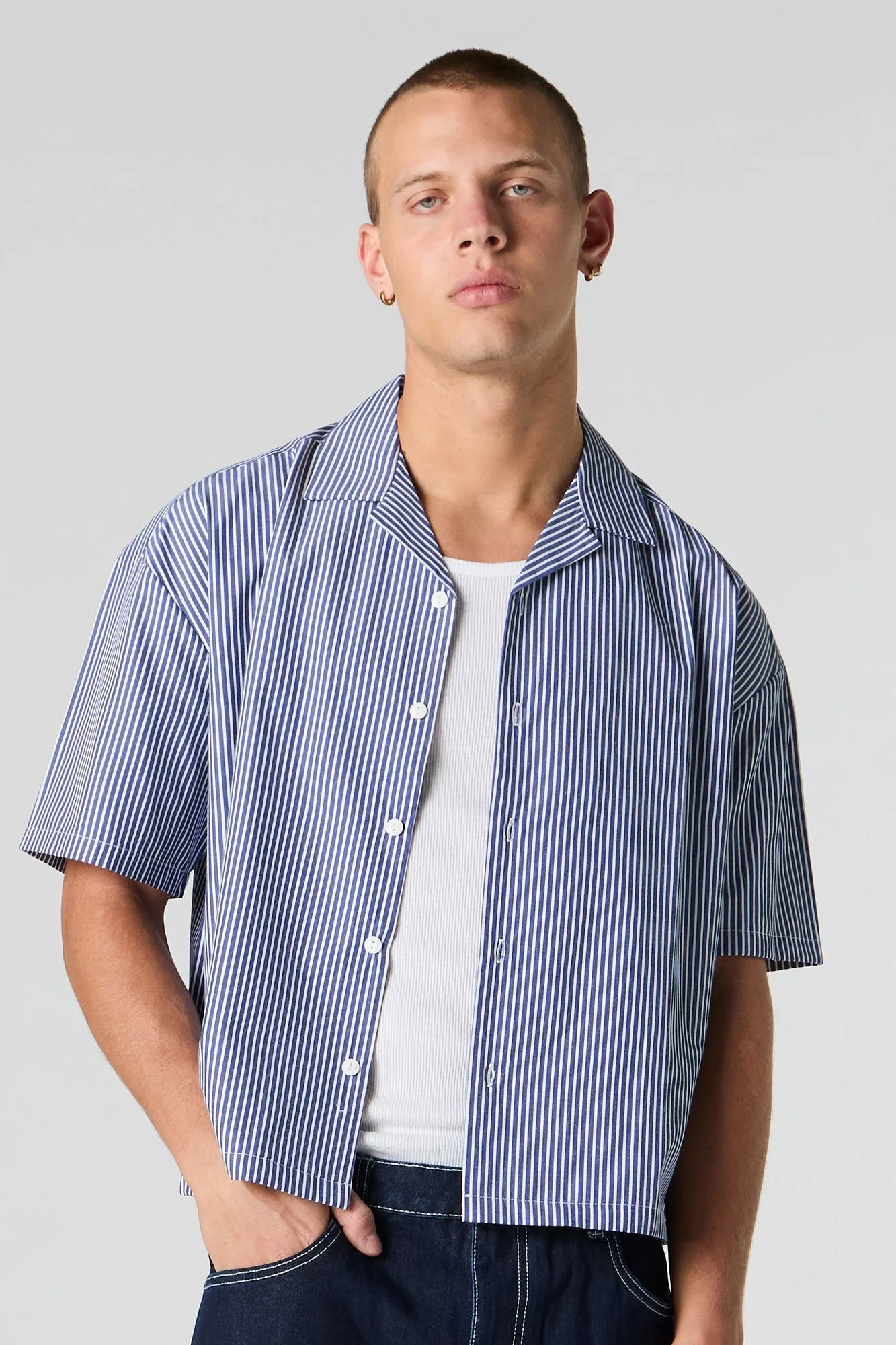 Pinstriped Boxy Short Sleeve Button-Up Top sold by Charlotte Russe