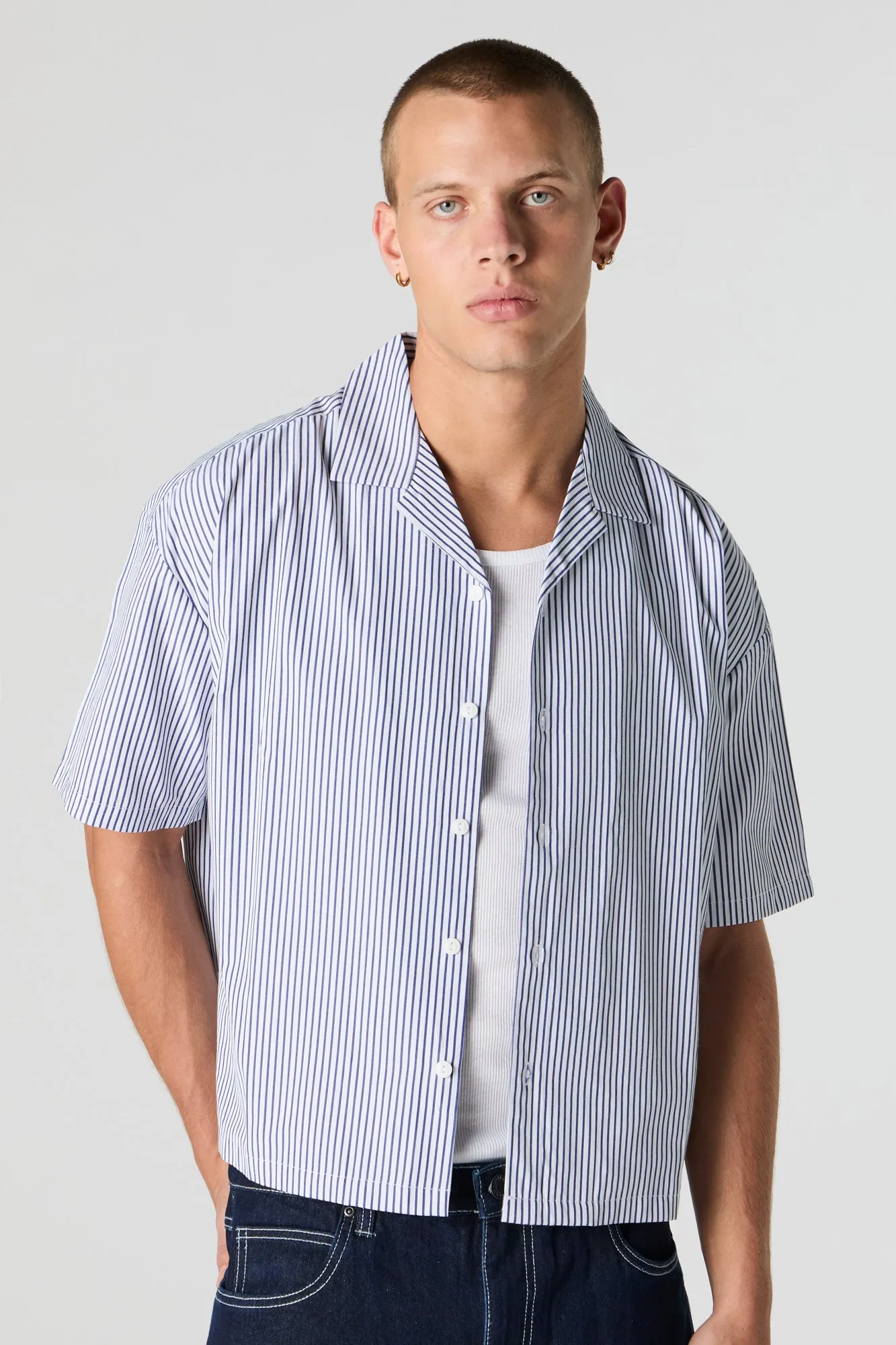 Pinstriped Boxy Short Sleeve Button-Up Top sold by Charlotte Russe product image thumbnail 4