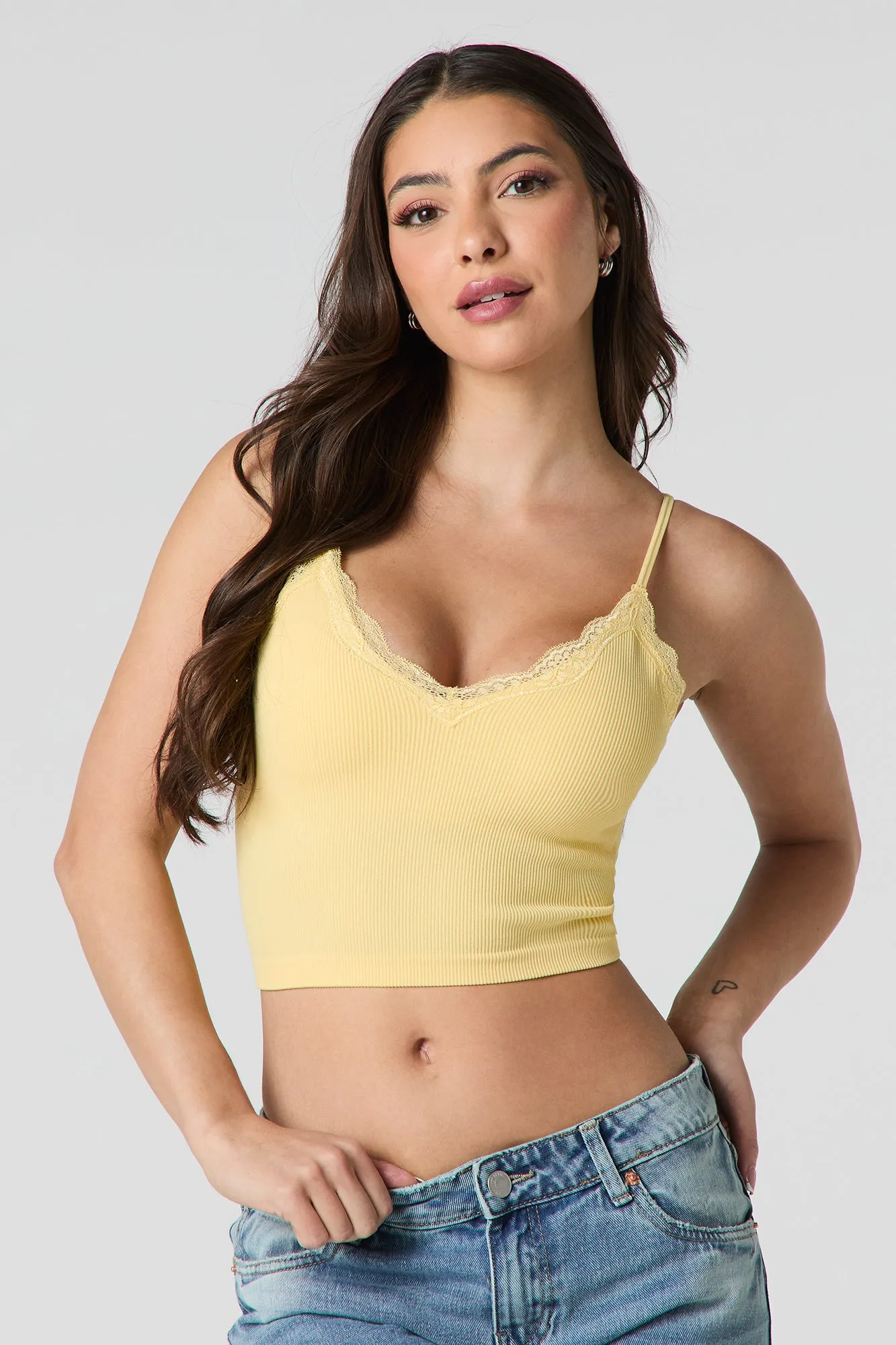 Seamless Ribbed Lace Trim Cropped Cami sold by Charlotte Russe