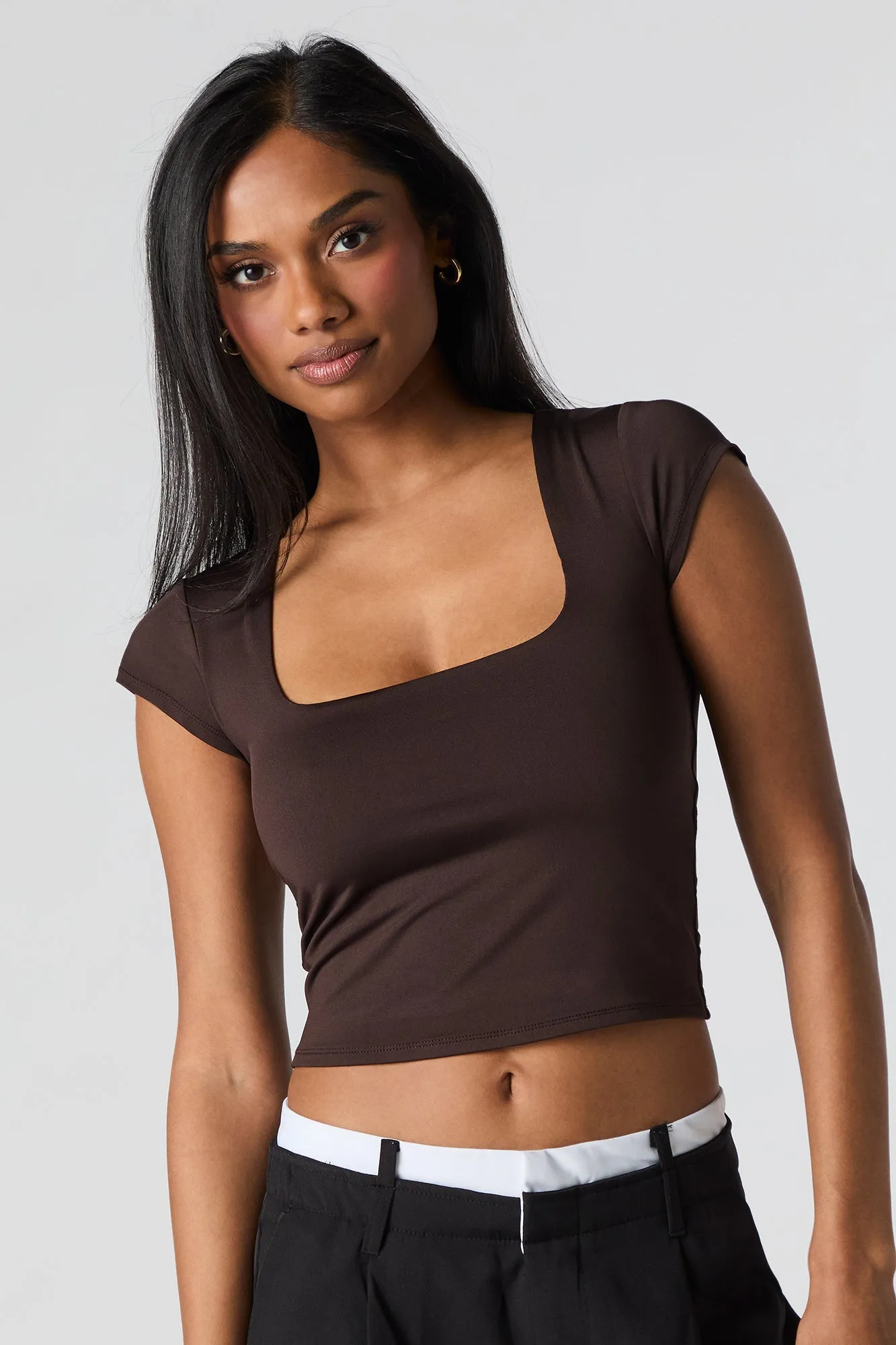 Contour Square Neck Cap Sleeve Crop Top sold by Charlotte Russe