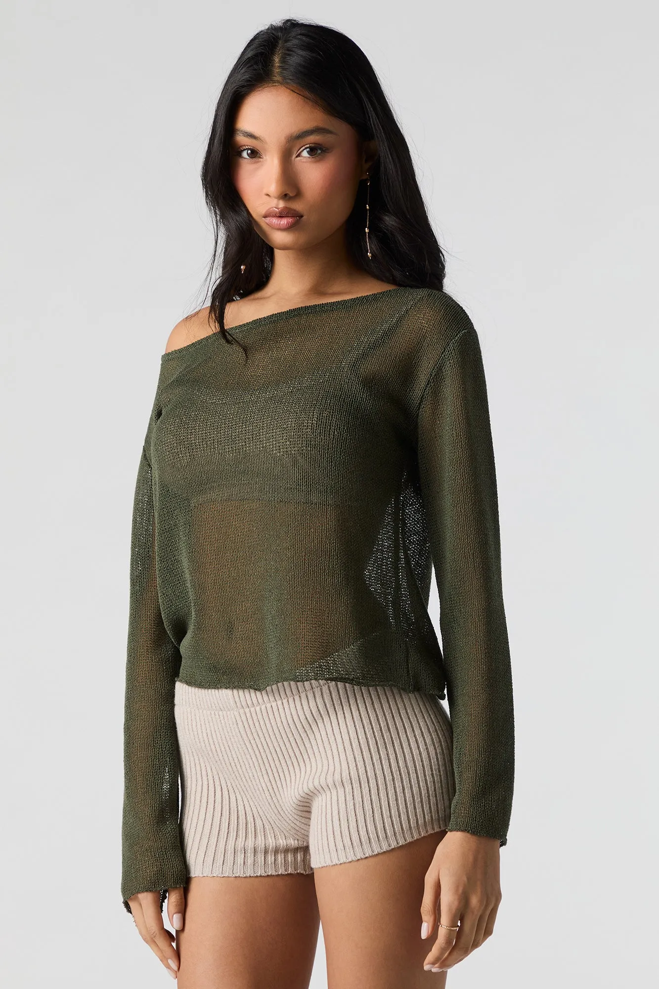 Sheer Knit Off Shoulder Long Sleeve Top sold by Charlotte Russe product image thumbnail 4