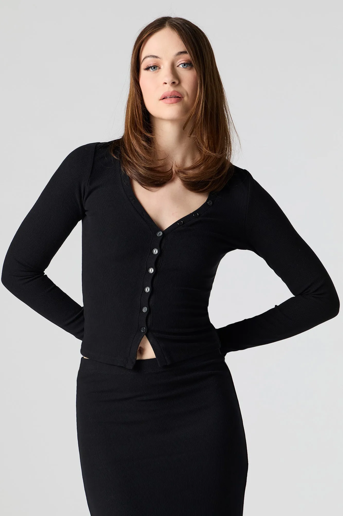 Ribbed Button-Up Long Sleeve Top sold by Charlotte Russe product image thumbnail 4