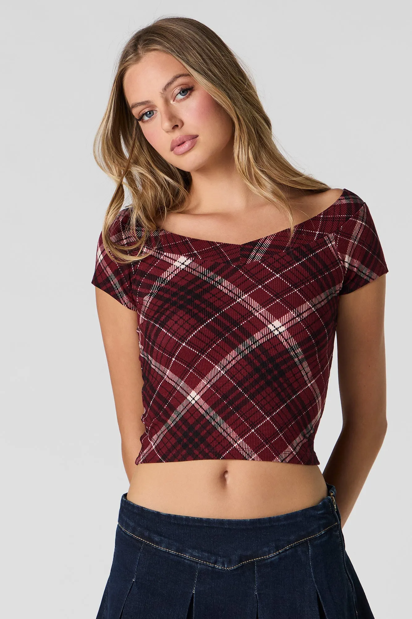 Ribbed Wide V-Neck Cropped T-Shirt sold by Charlotte Russe