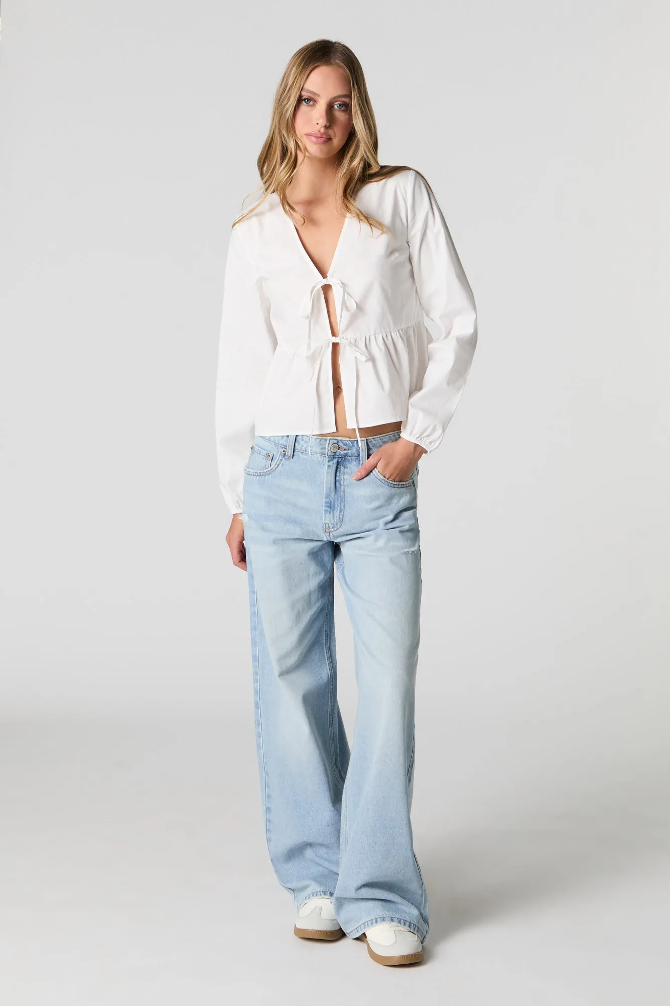 Poplin Tie Front Long Sleeve Top sold by Charlotte Russe product image thumbnail 3