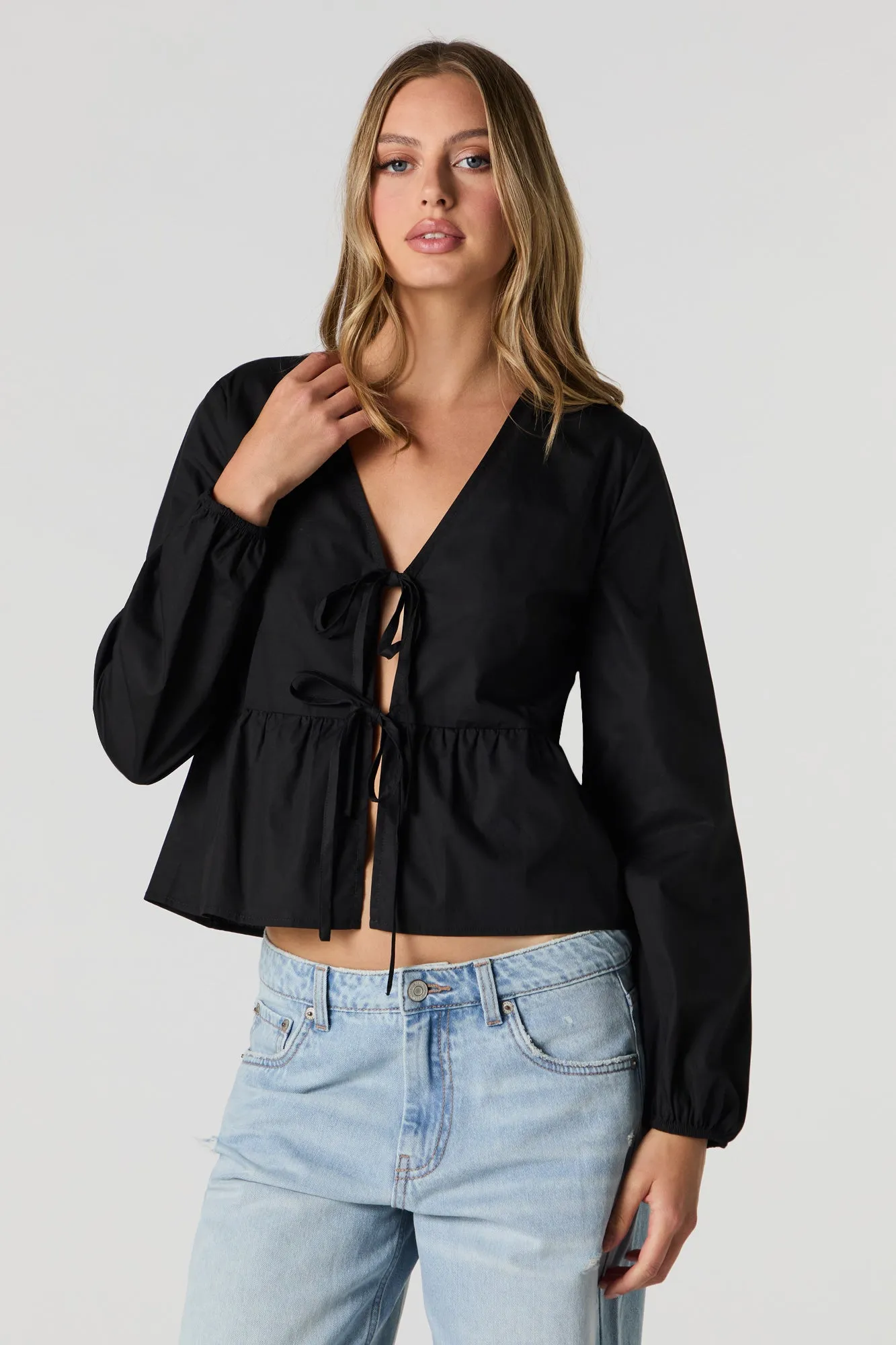 Poplin Tie Front Long Sleeve Top sold by Charlotte Russe product image thumbnail 4