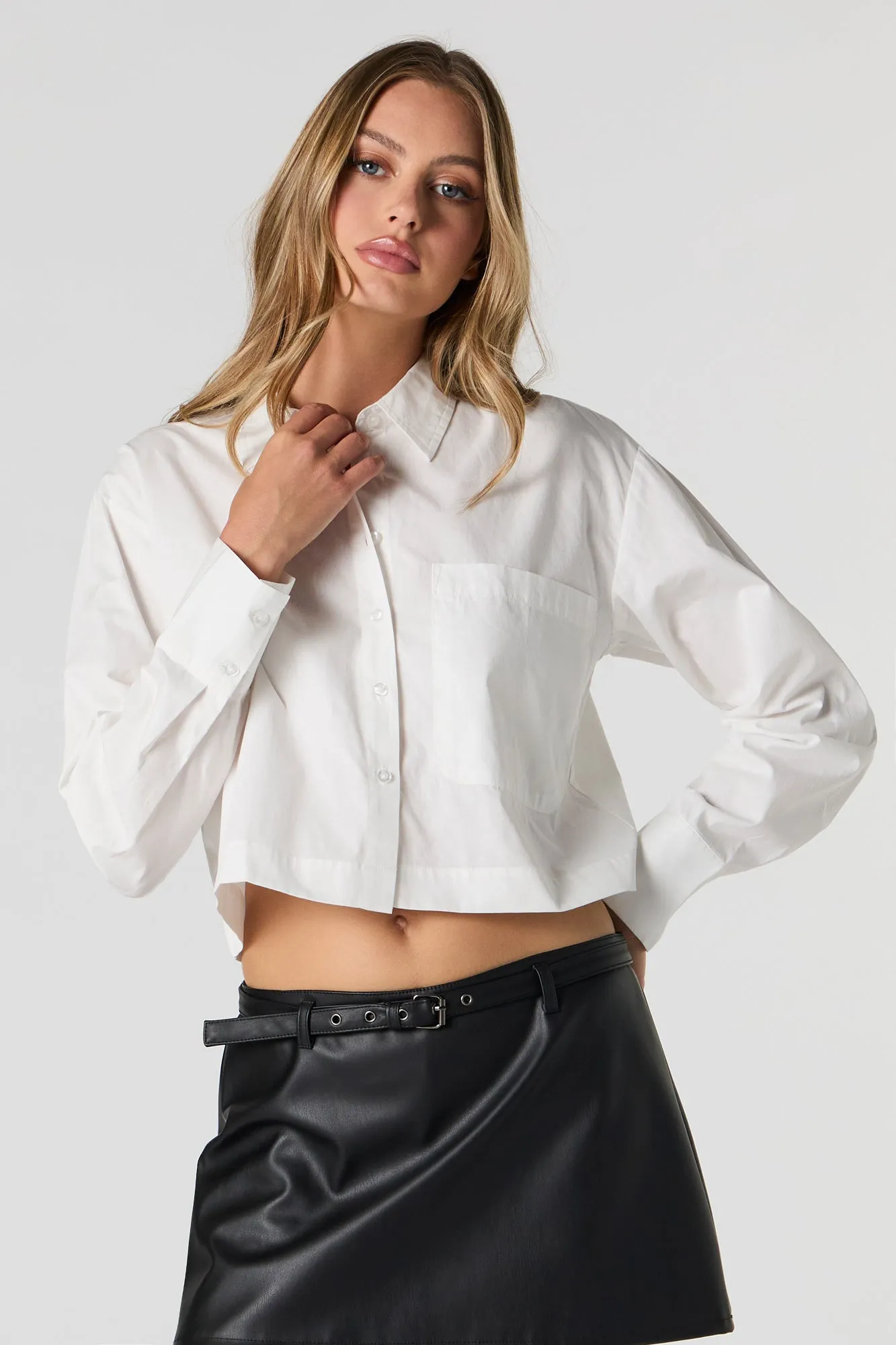 Cropped Long Sleeve Button-Up Top sold by Charlotte Russe product image thumbnail 4