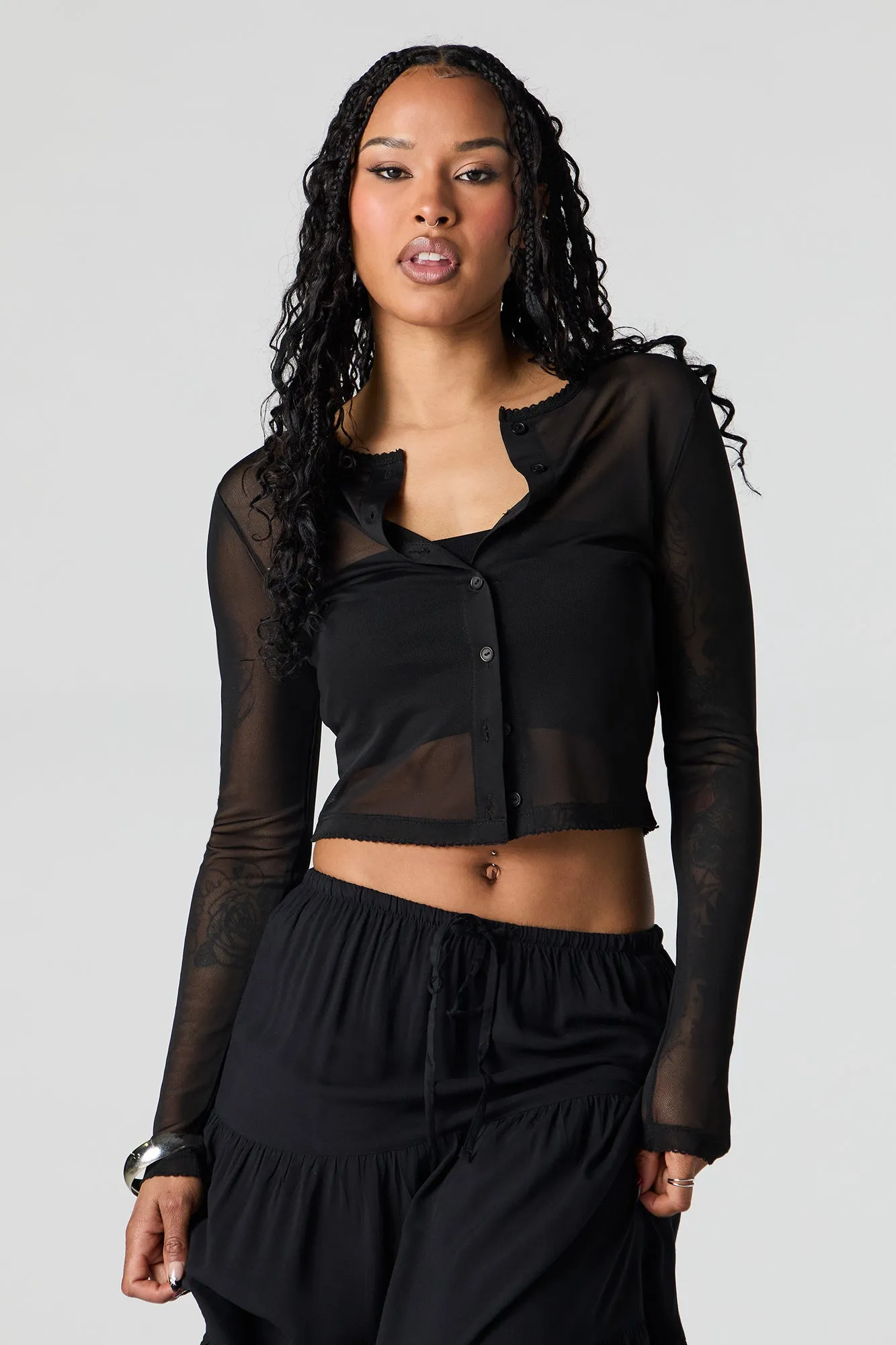 Mesh Cropped Button-Up Top sold by Charlotte Russe product image thumbnail 4
