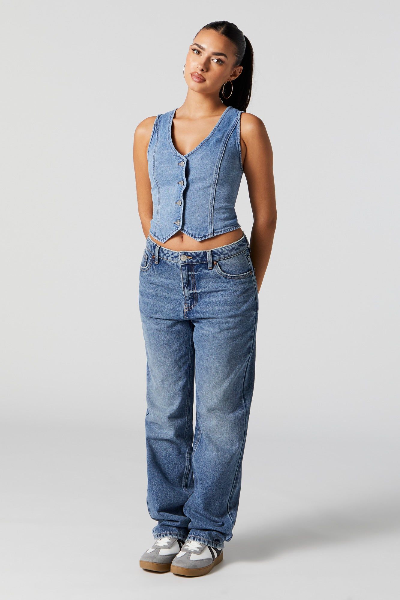 Medium Wash Denim Button-Up Vest sold by Charlotte Russe product image thumbnail 3