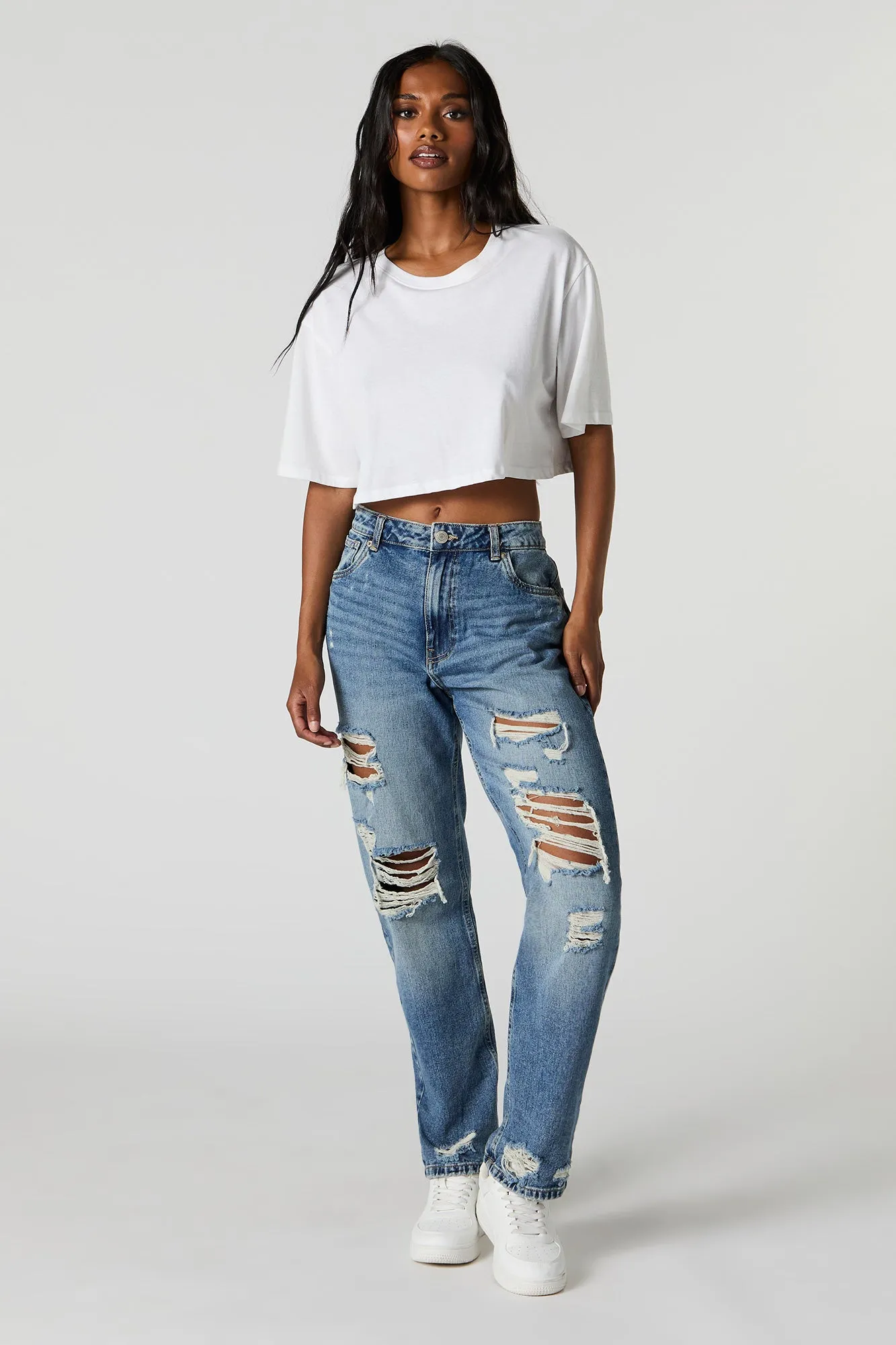 High Rise Straight Leg Distressed Jean sold by Charlotte Russe