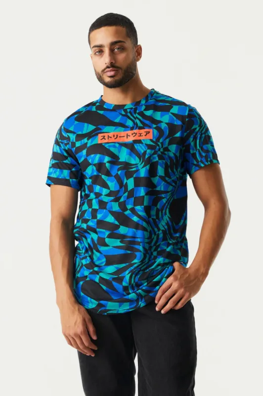 Warped Print Kanji Graphic Longline T-Shirt sold by Charlotte Russe