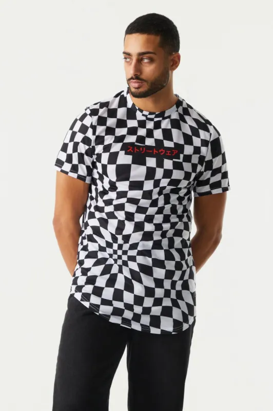 Warped Checkered Print Kanji Graphic Longline T-Shirt sold by Charlotte Russe