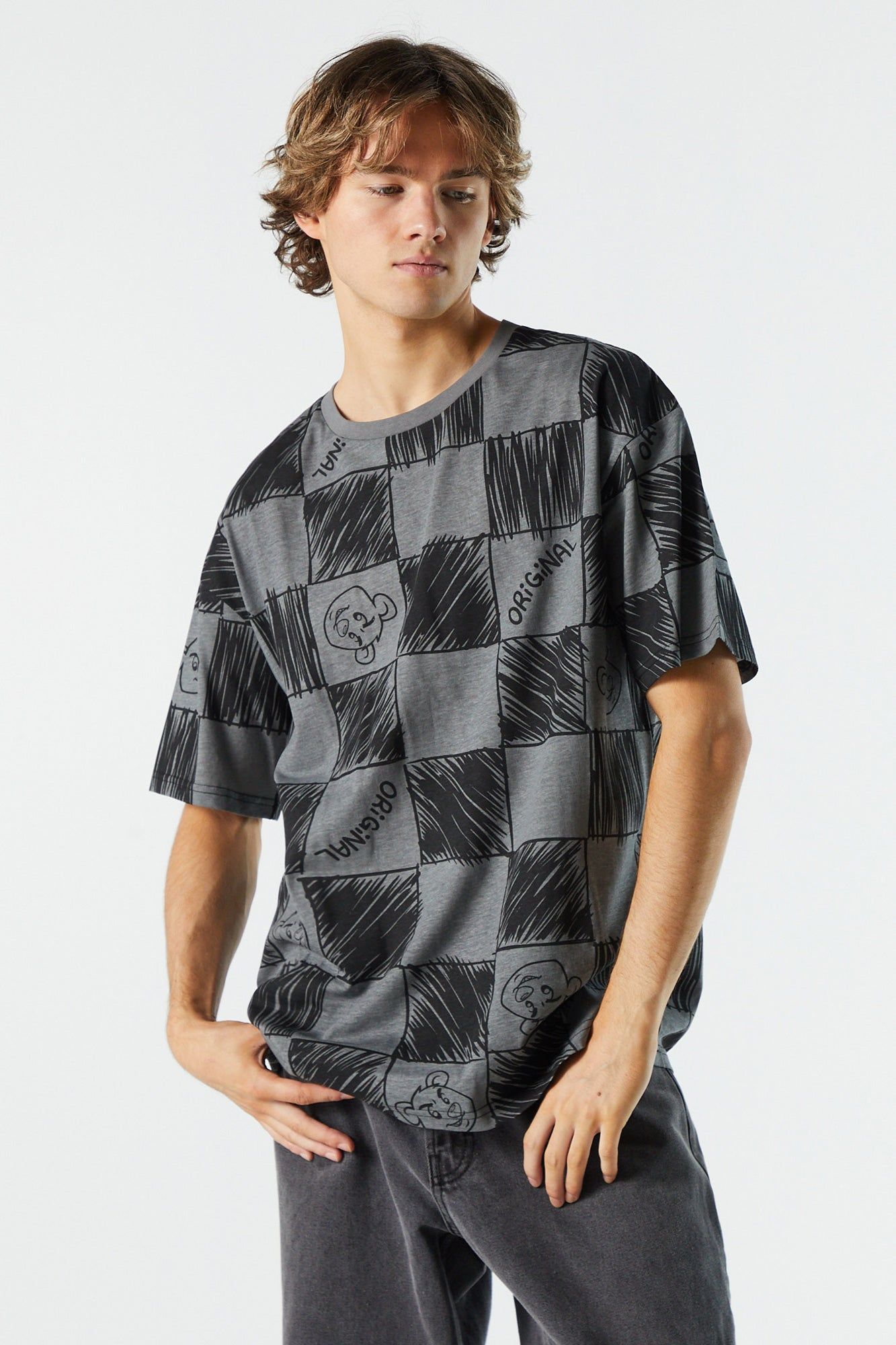 Doodle Checkered Print Crewneck T-Shirt sold by Charlotte Russe