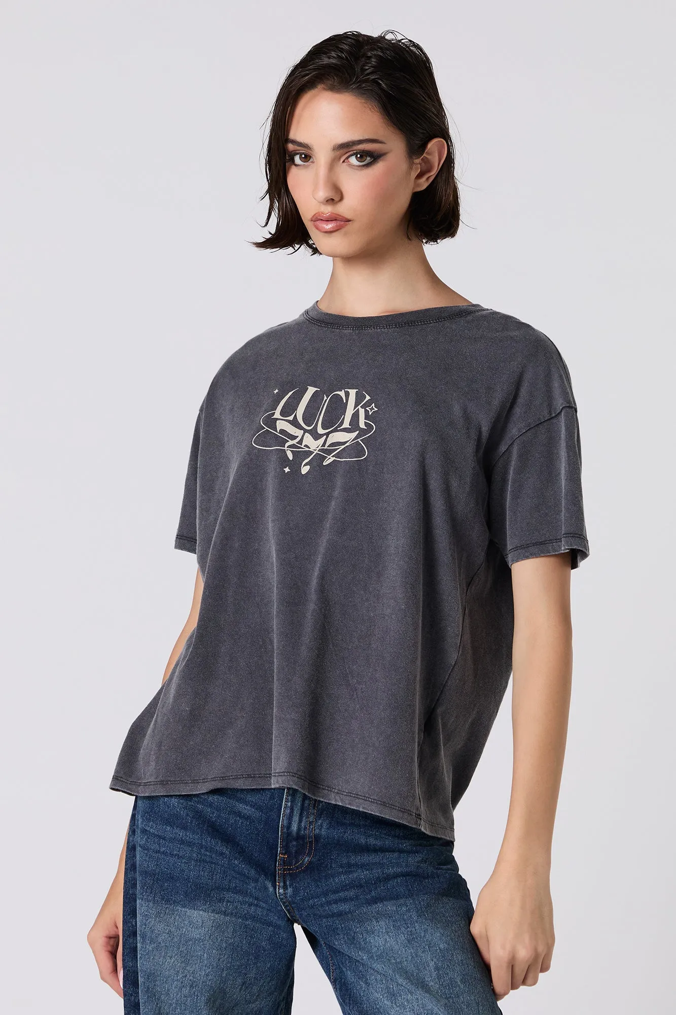 Luck 777 Graphic Washed Boyfriend T-Shirt sold by Charlotte Russe