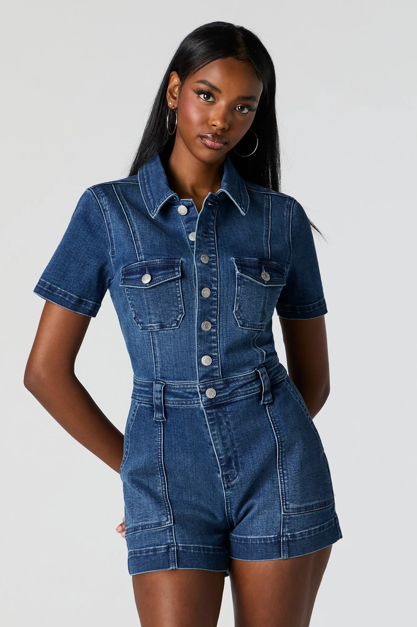 Denim Short Sleeve Button-Up Romper sold by Charlotte Russe