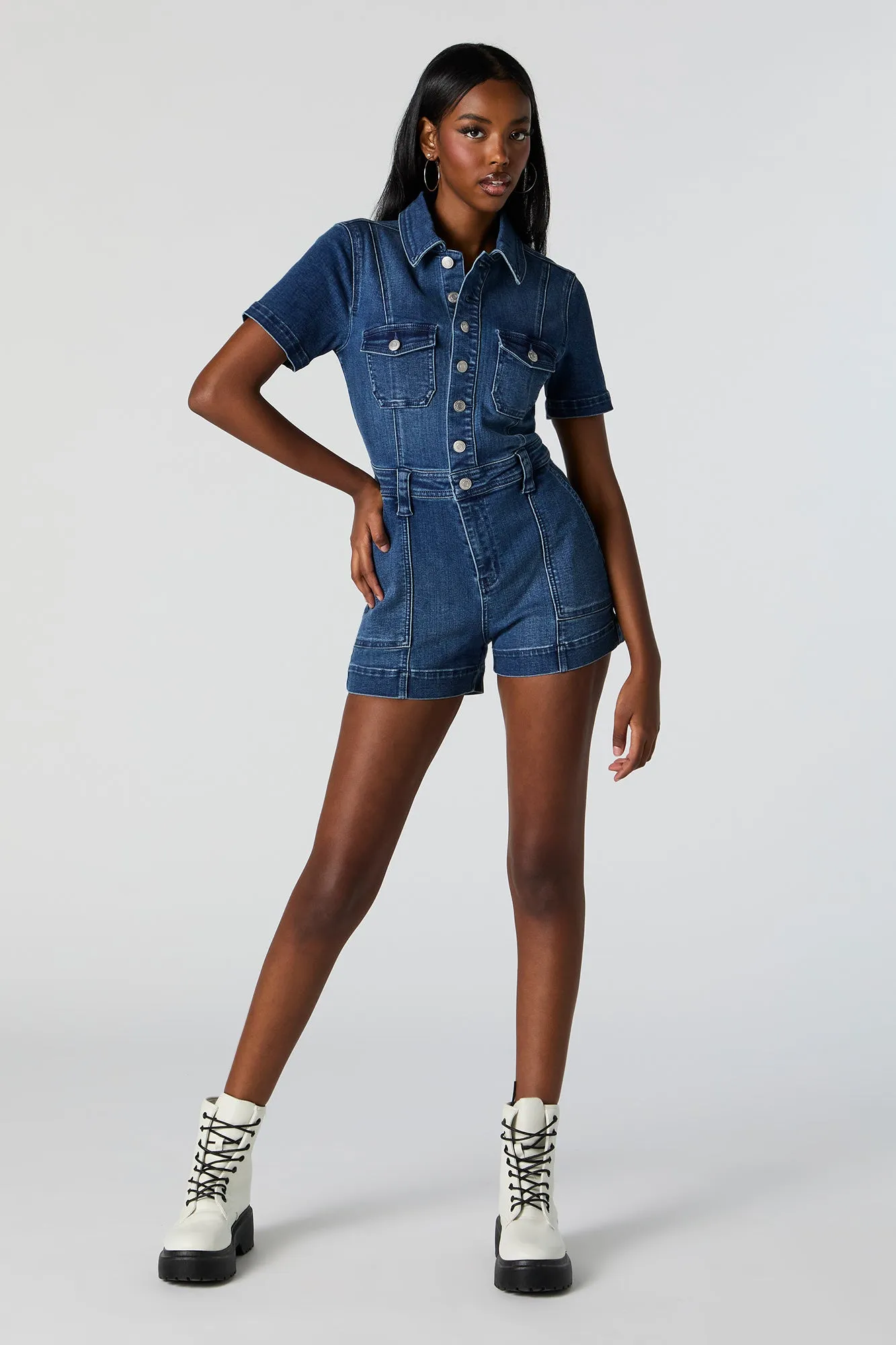 Denim Short Sleeve Button-Up Romper sold by Charlotte Russe product image thumbnail 3