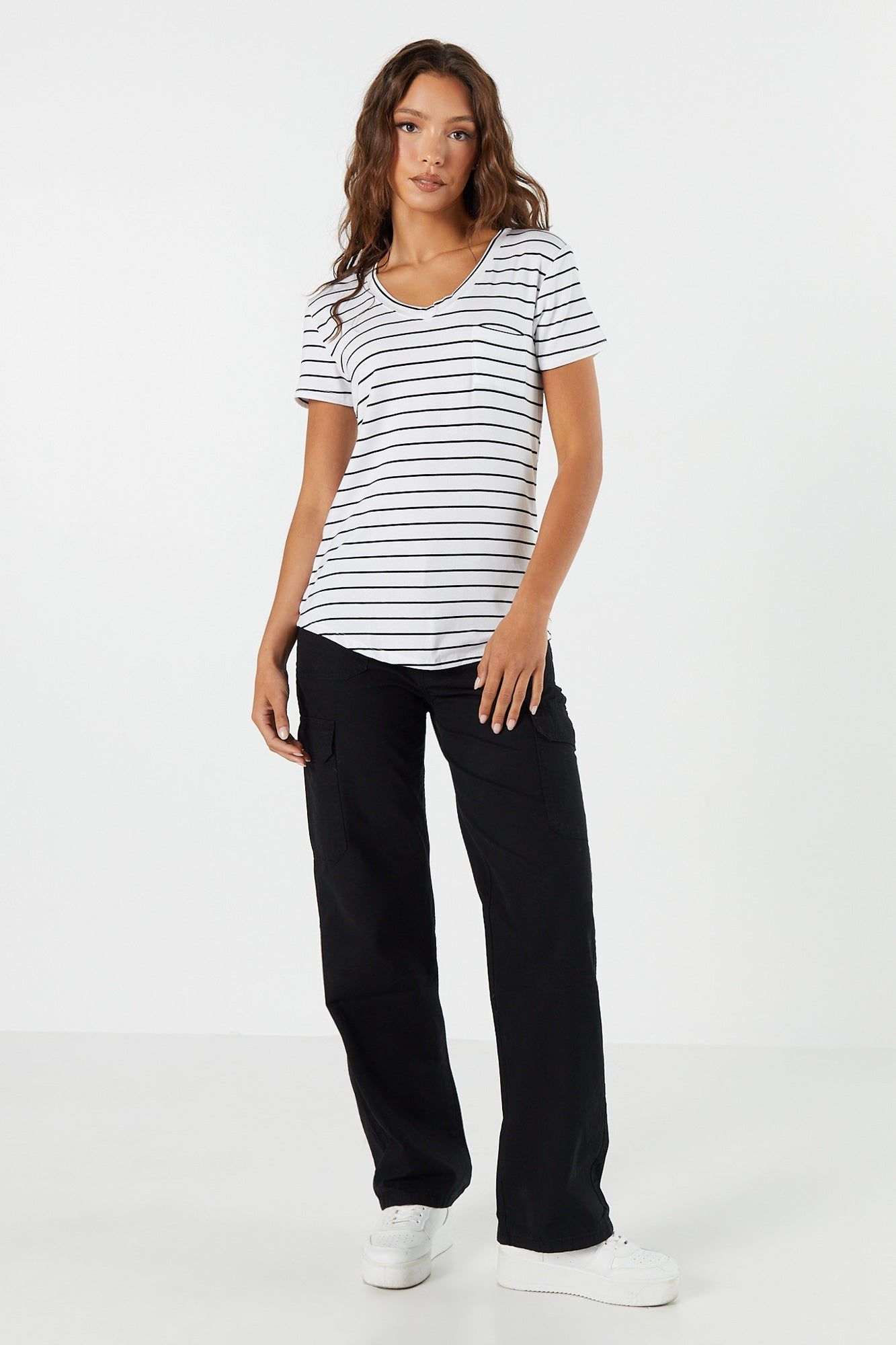 Striped Relaxed V-Neck Pocket T-Shirt sold by Charlotte Russe product image thumbnail 3