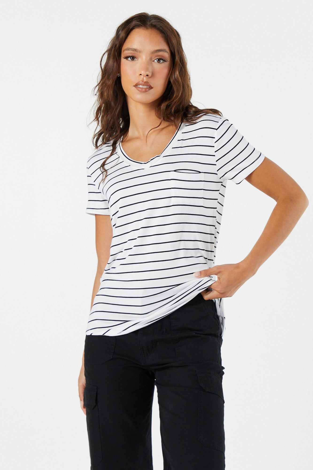 Striped Relaxed V-Neck Pocket T-Shirt sold by Charlotte Russe