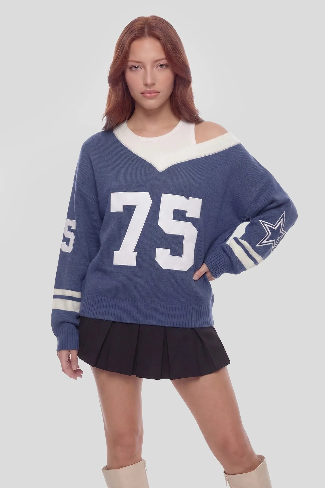 Oversized V-Neck Varsity Sweater sold by Charlotte Russe