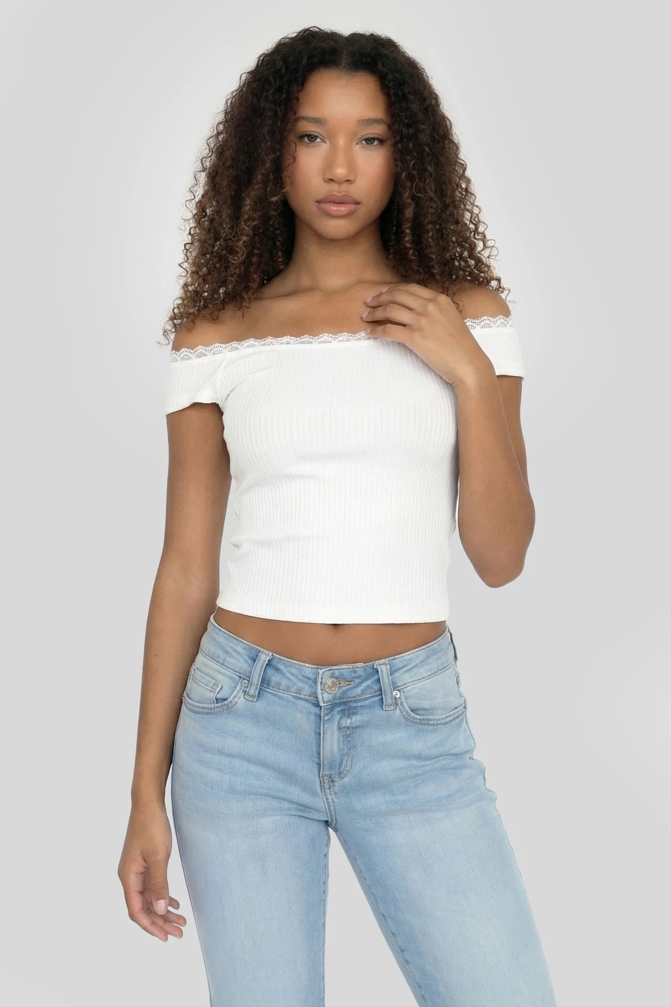 Ribbed Lace Trim Off Shoulder Top sold by Charlotte Russe product image thumbnail 3