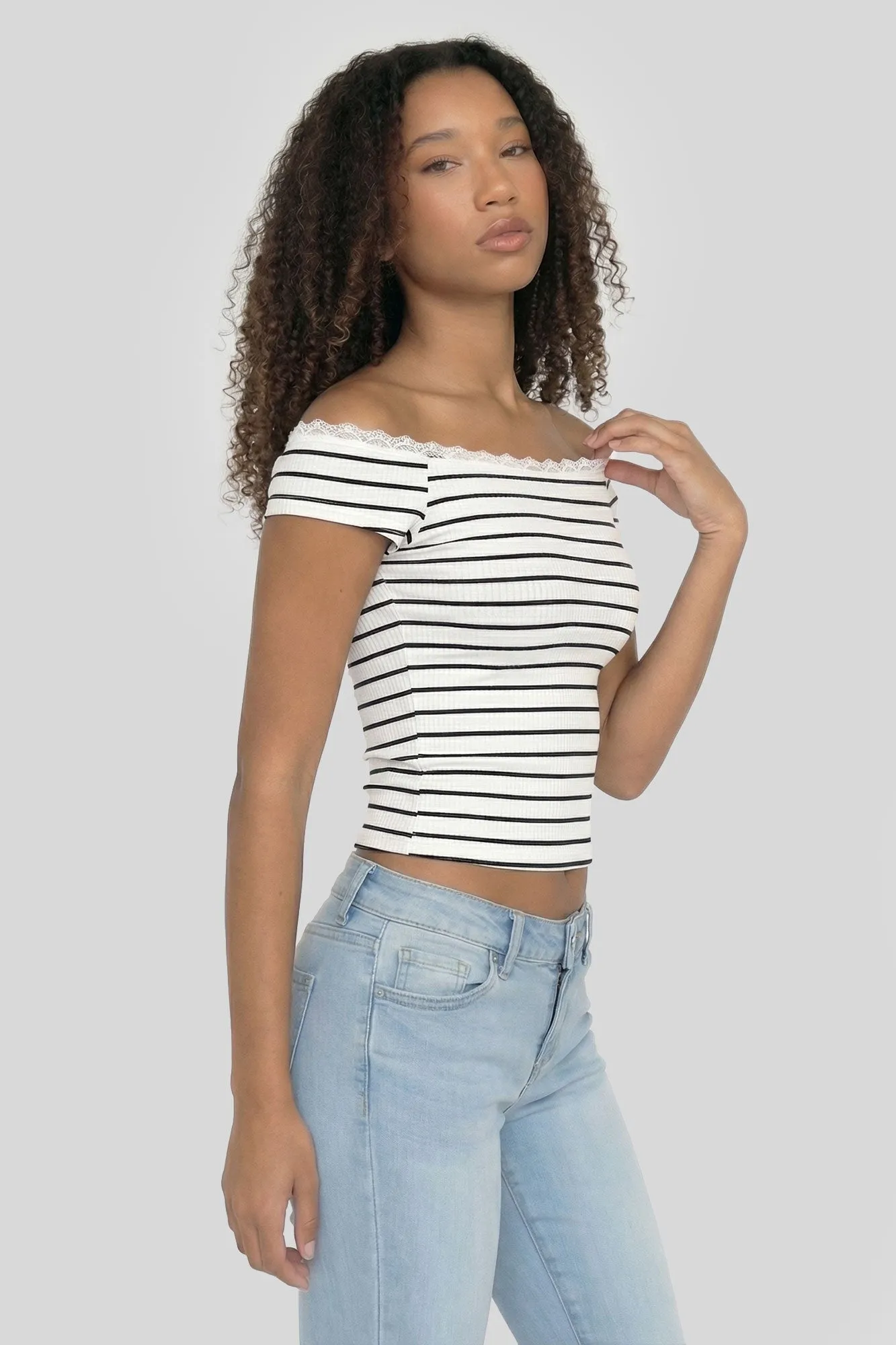Ribbed Lace Trim Off Shoulder Top sold by Charlotte Russe