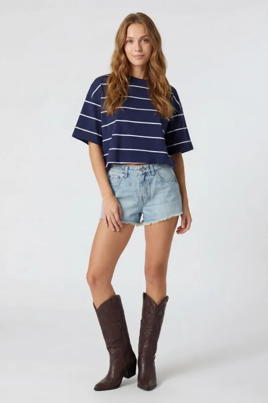 High Rise Bow Embroidered Light Denim Short made by Stitches