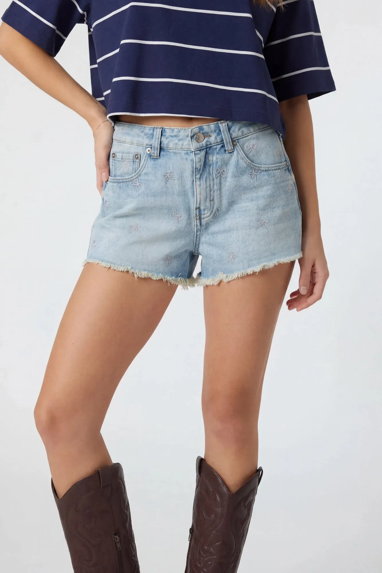 High Rise Bow Embroidered Light Denim Short sold by Charlotte Russe product image thumbnail 3