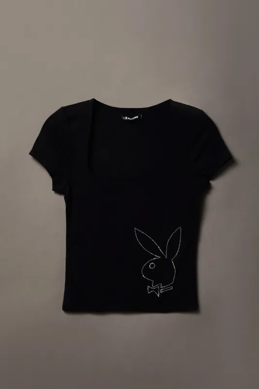 Soft Contour Playboy Rhinestone Square Neck T-Shirt made by Stitches