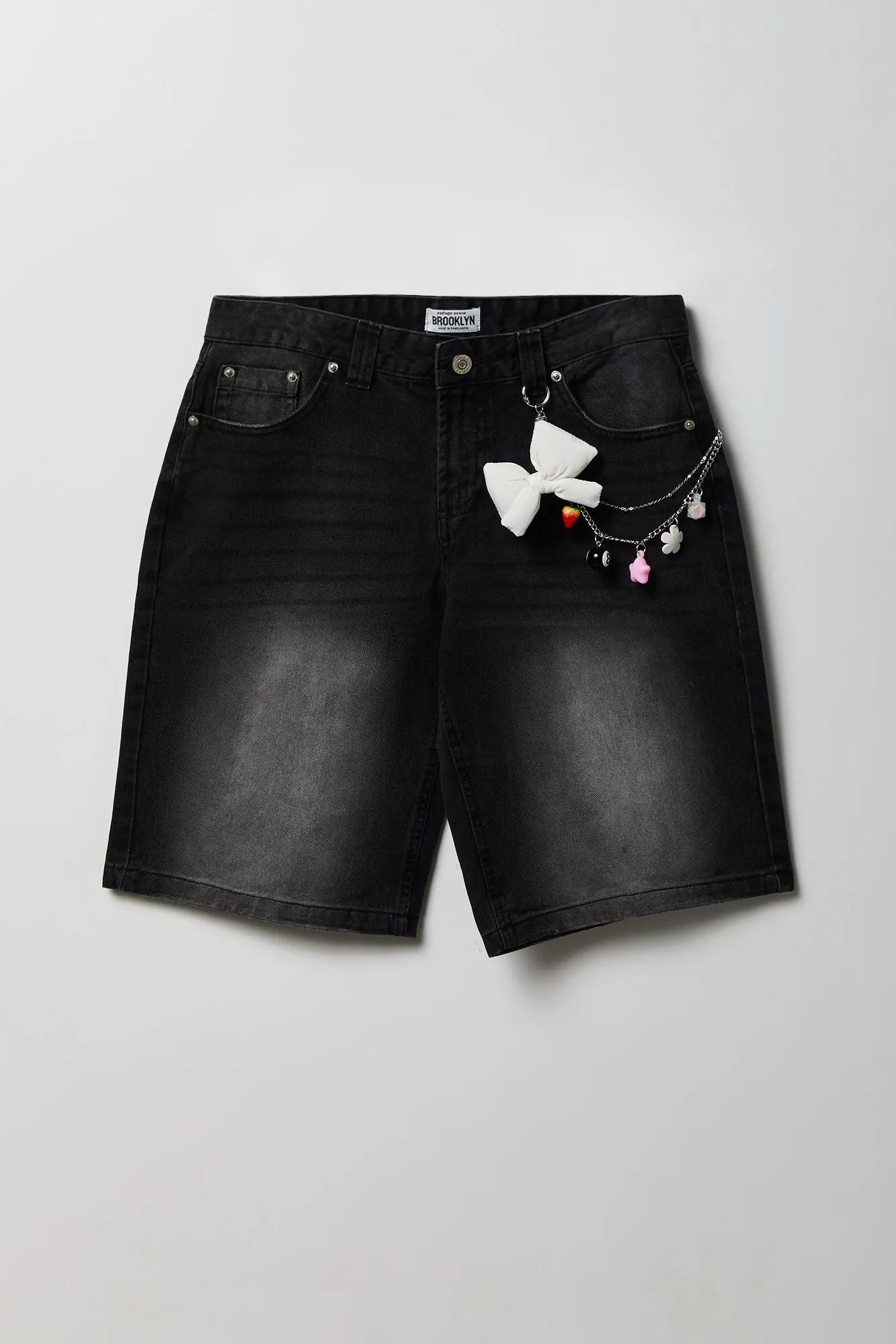 Brooklyn Low Rise Black Jort 11" with Charm Keychain sold by Charlotte Russe