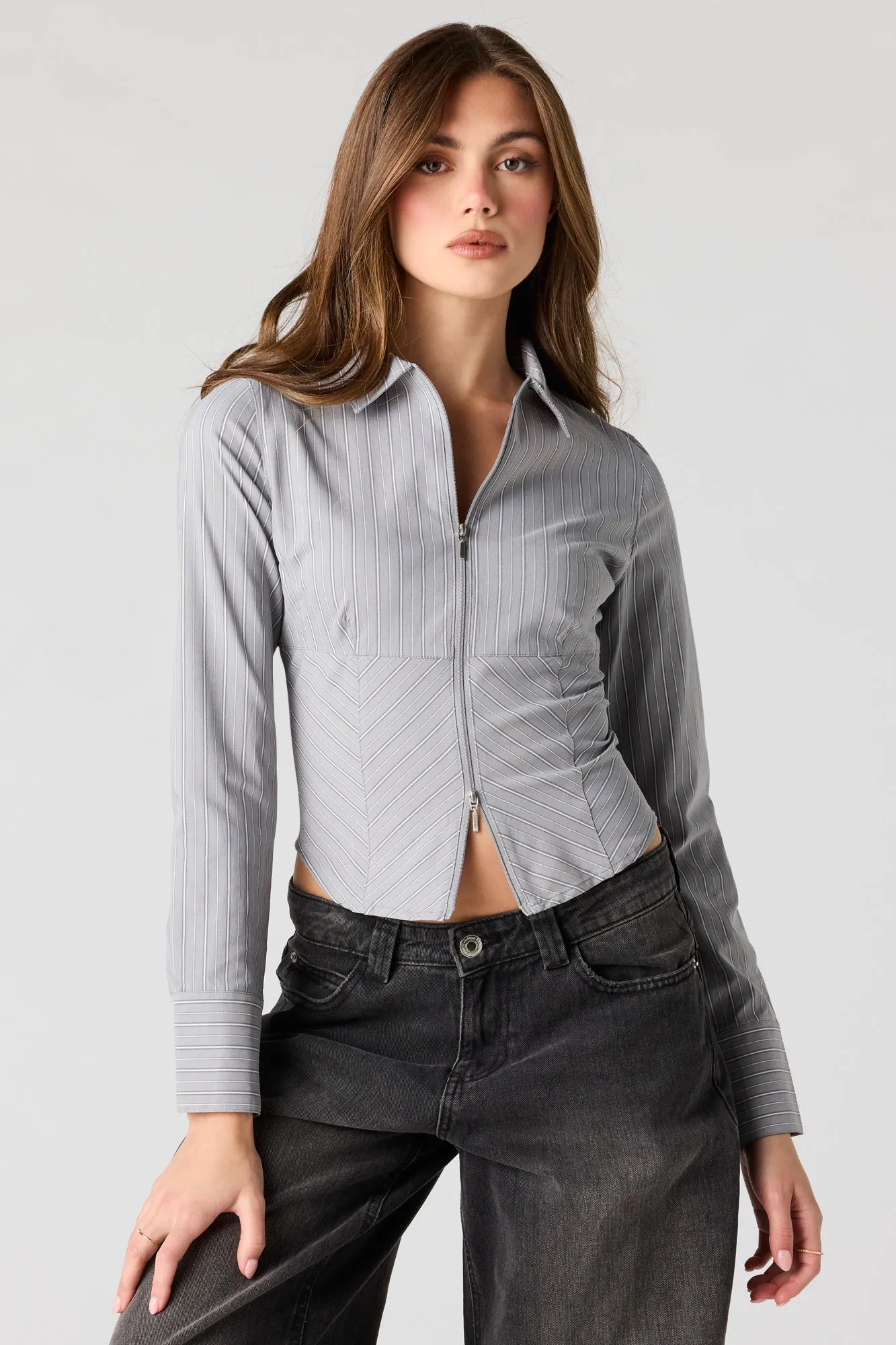 2-Way Zip Collared Fitted Top sold by Charlotte Russe