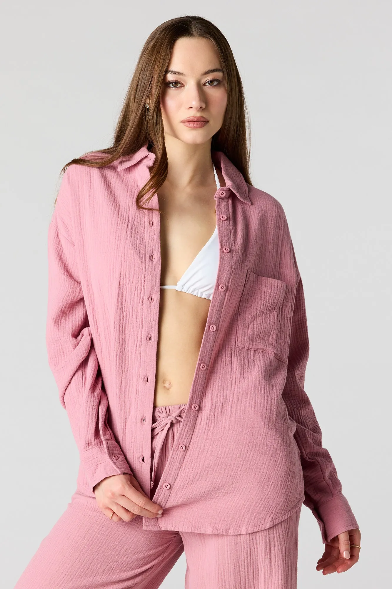 Textured Oversized Button-Up Top sold by Charlotte Russe