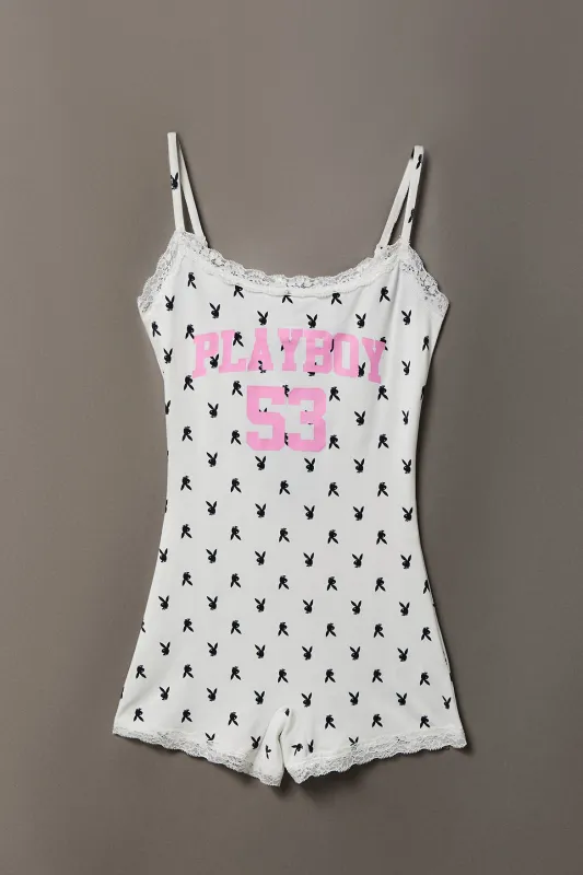 Playboy Graphic Lace Trim Romper made by Stitches
