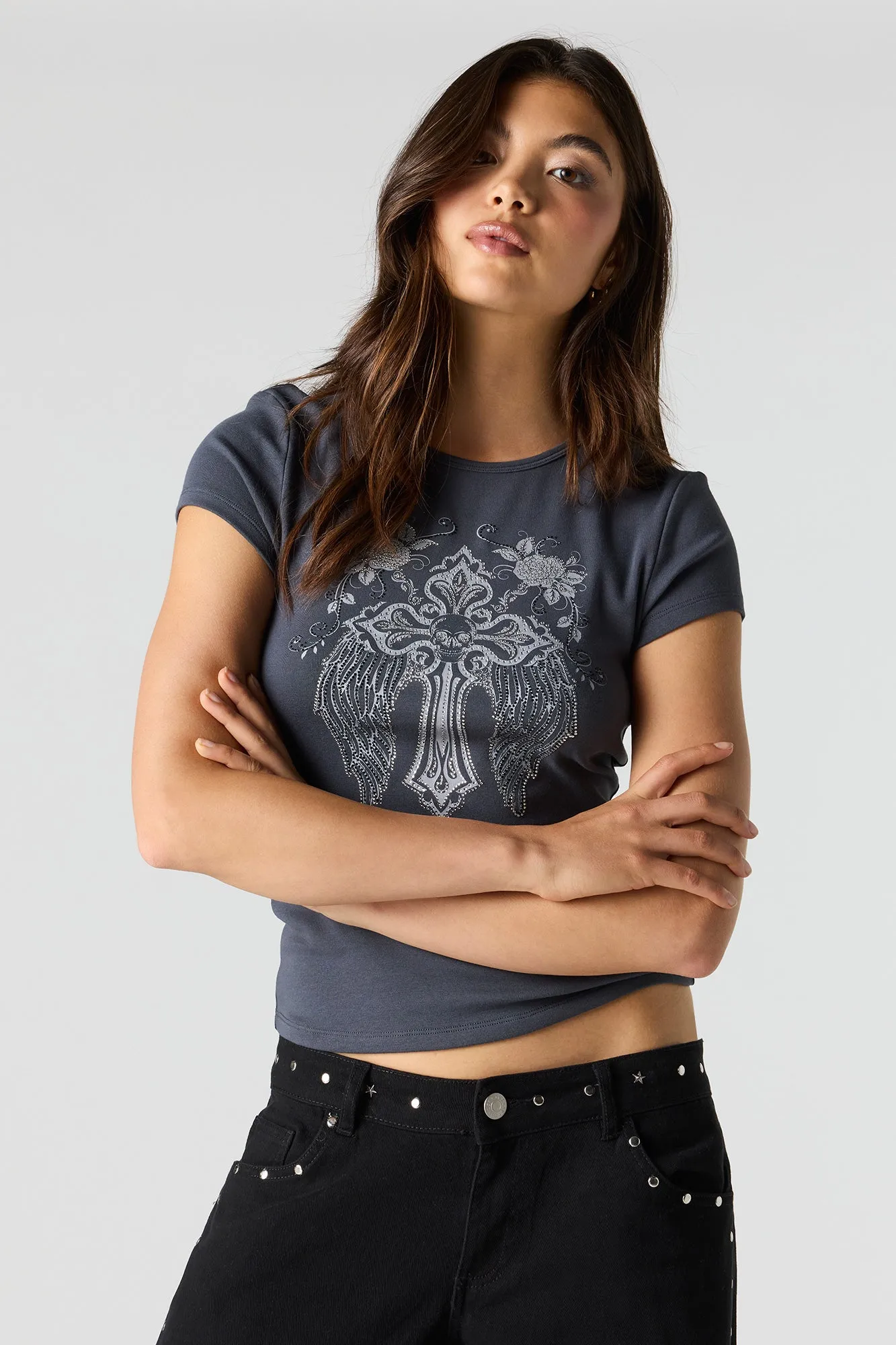 Rhinestone Graphic Fitted T-Shirt sold by Charlotte Russe product image thumbnail 5