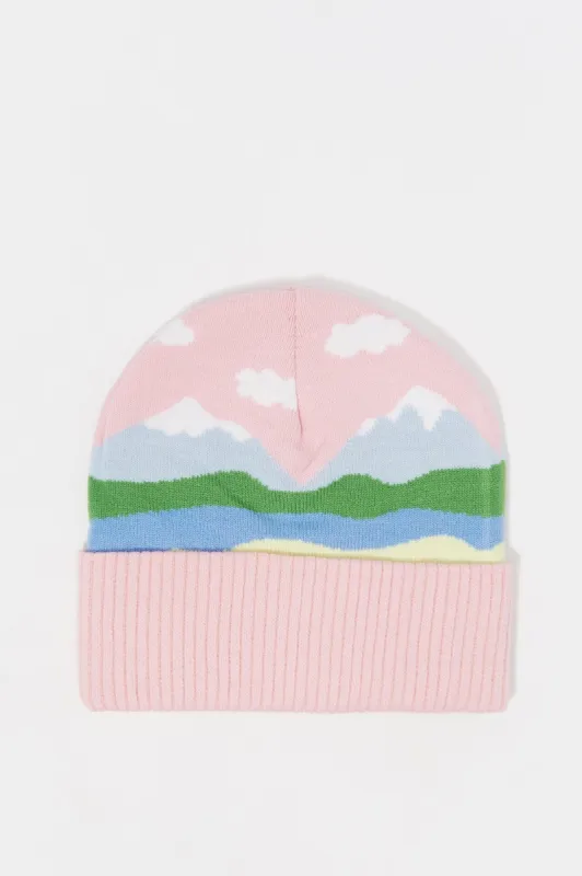 Pink Mountain Scene Print Knit Beanie sold by Charlotte Russe