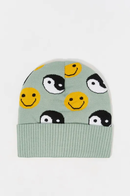 Yin Yang Smiley Print Knit Beanie sold by Charlotte Russe